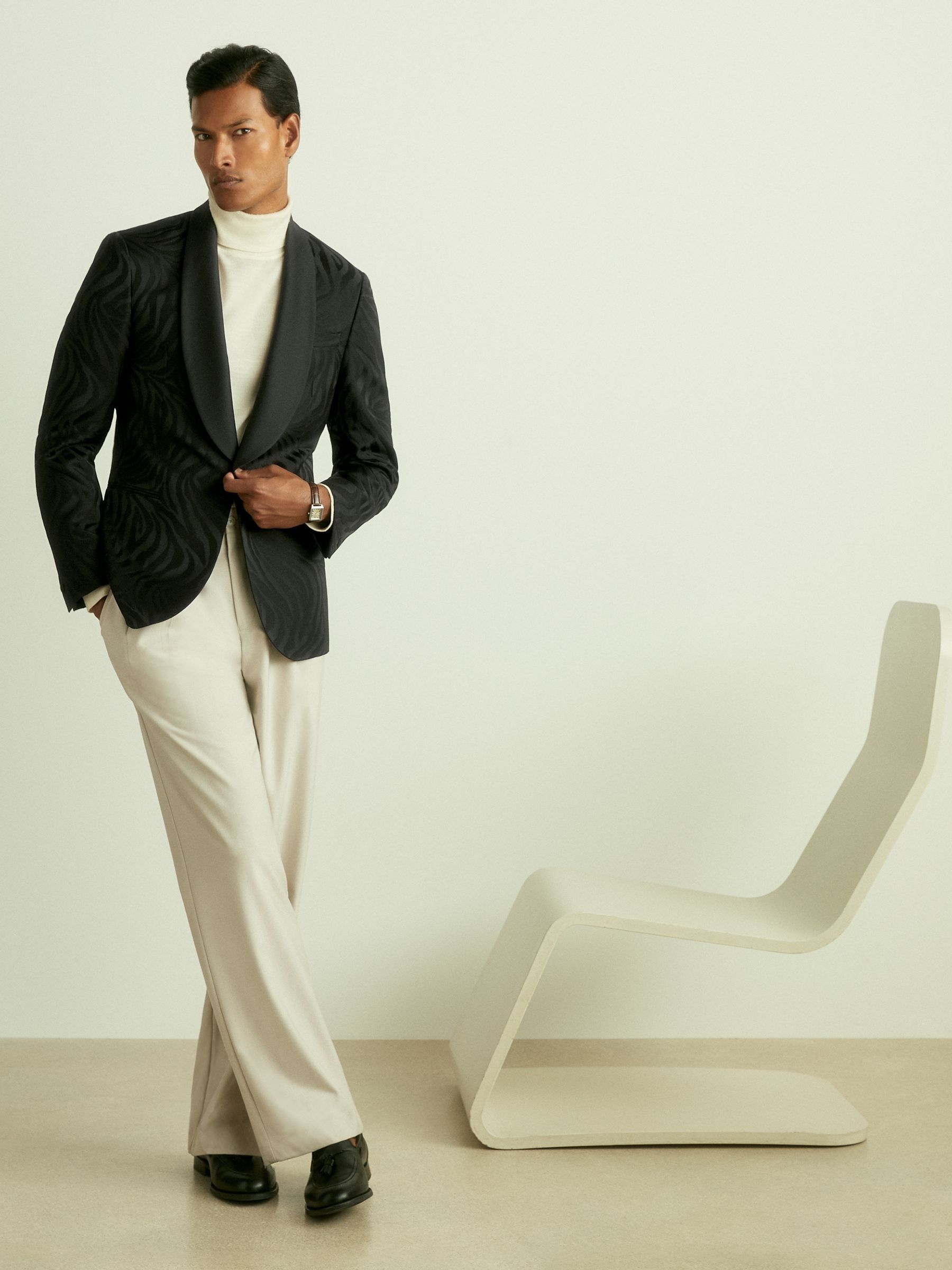 Wool-Blend Jacquard Tuxedo Jacket in Black