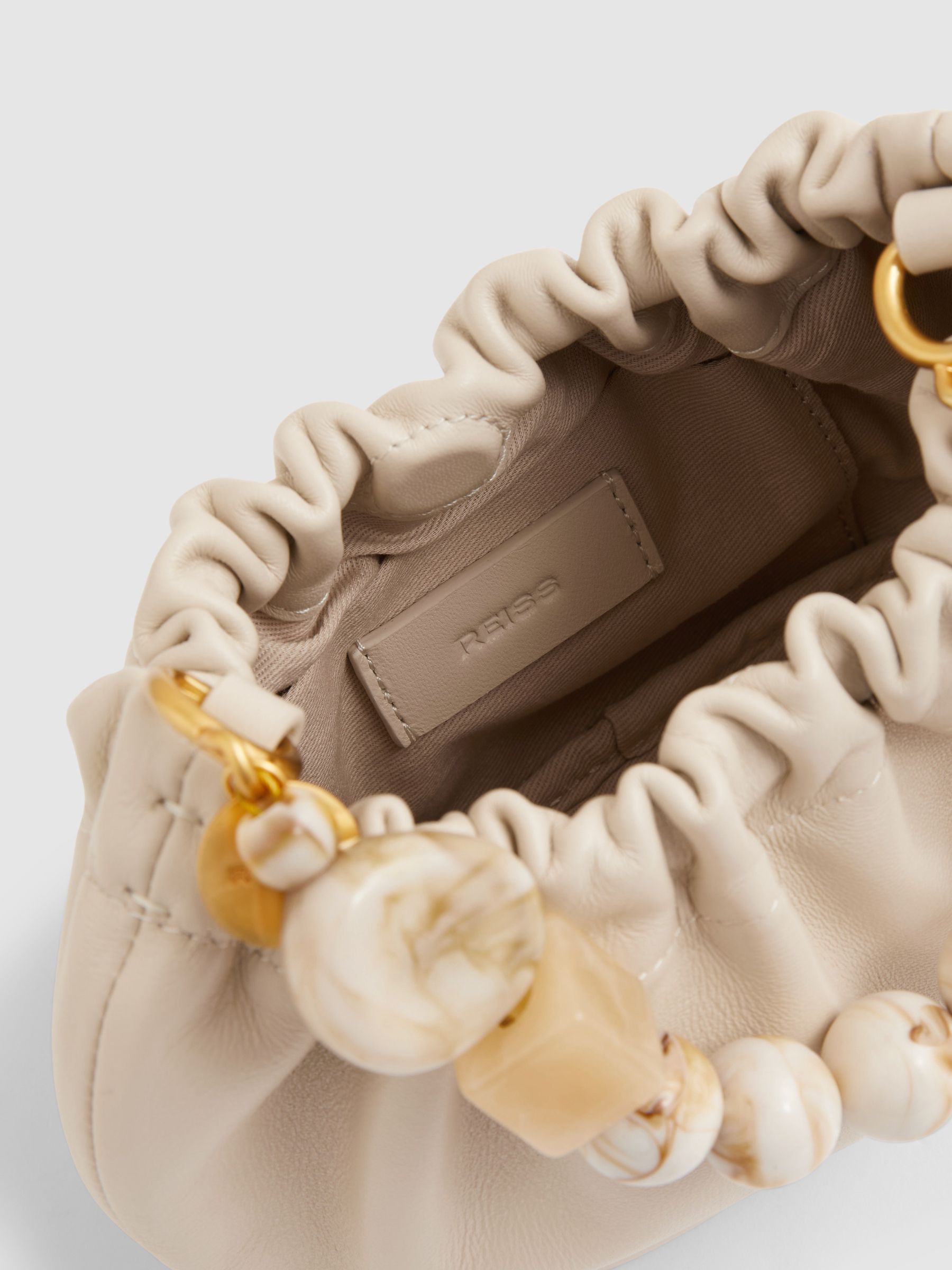 Leather Bead-Handle Pouch Bag in Off White