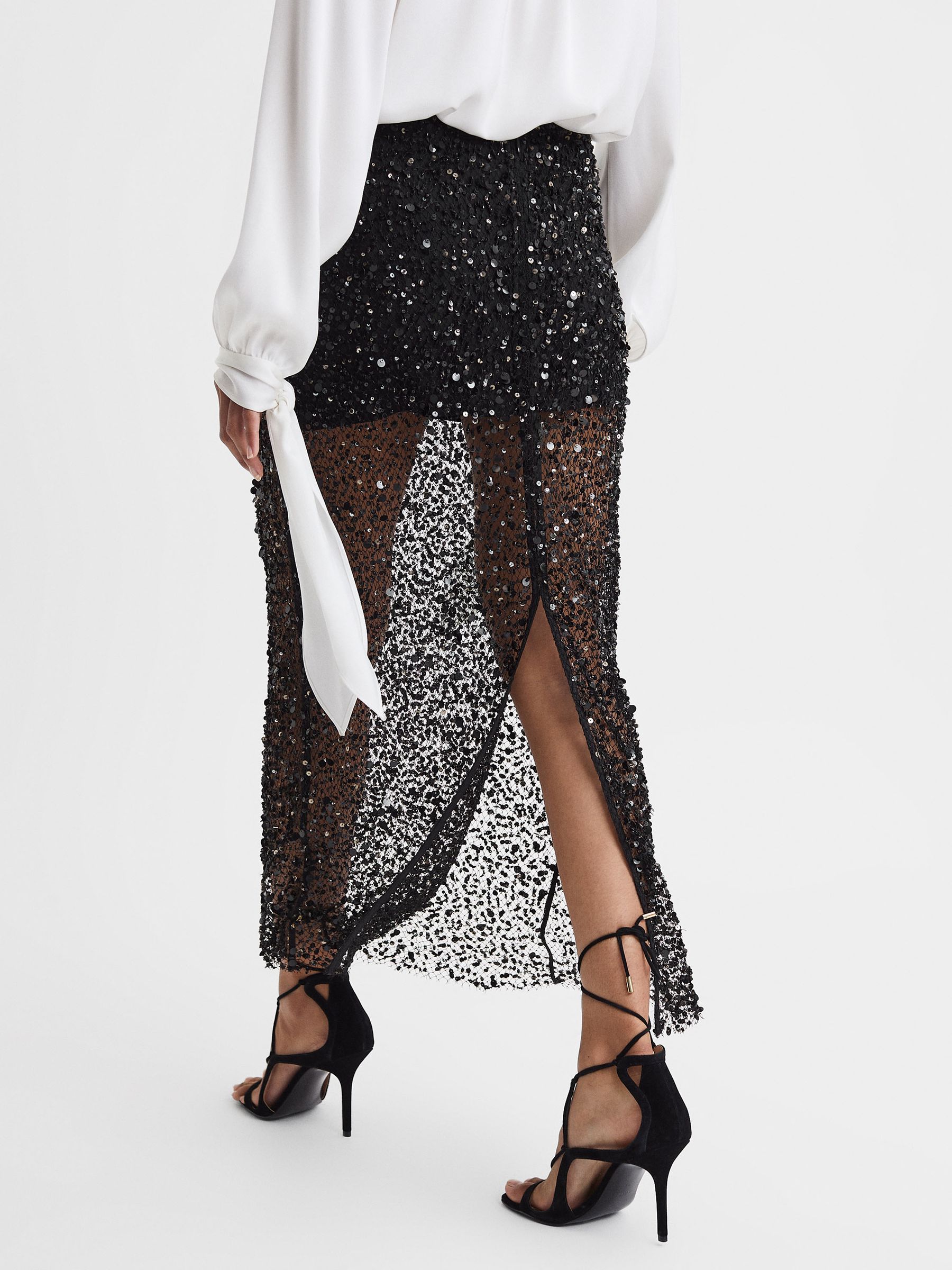 Anna Quan Embellished Netted Midi Skirt in Black