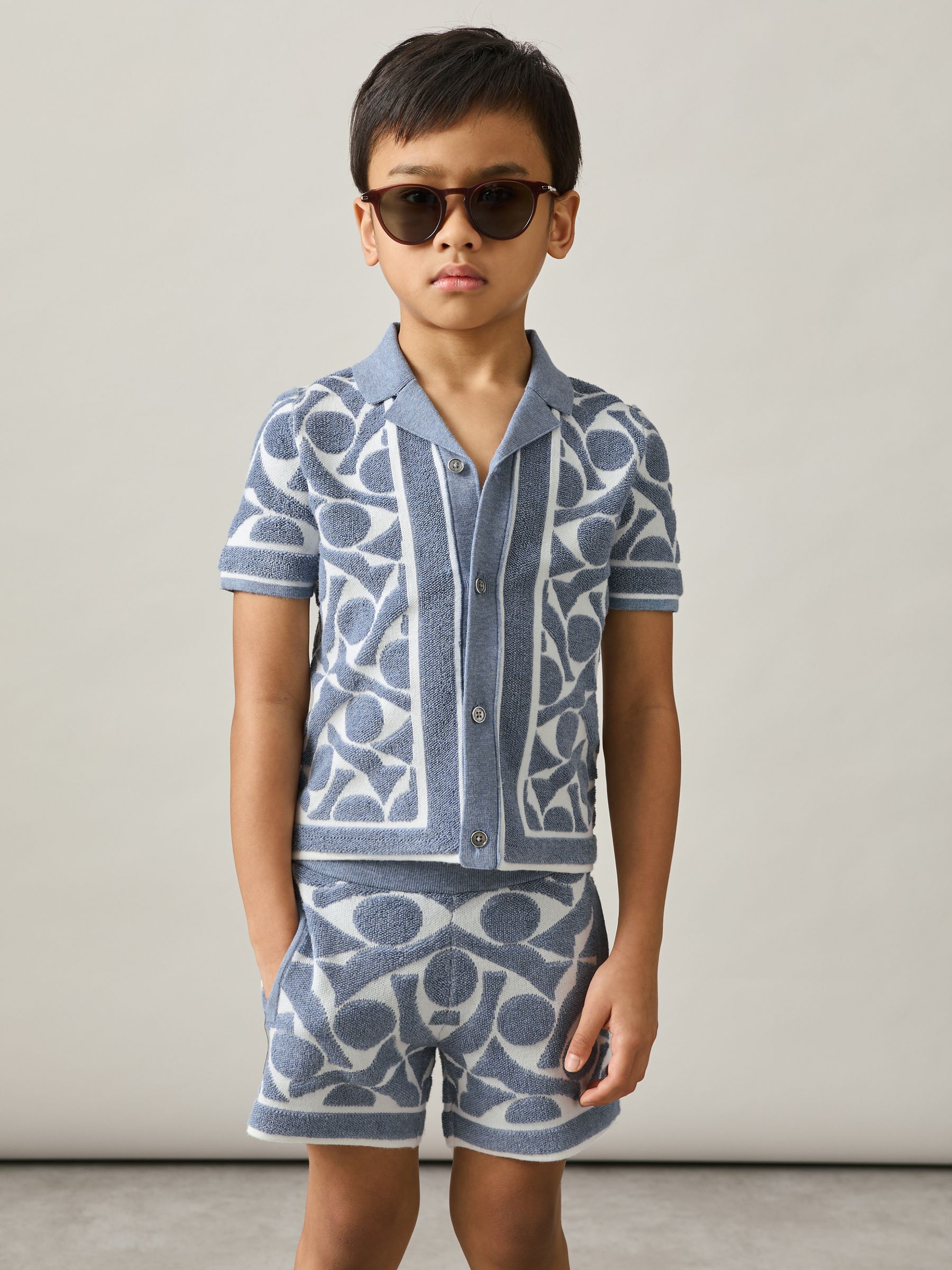 9-13 yrs Abstract-Pattern Towelling Shorts in Soft Blue/White