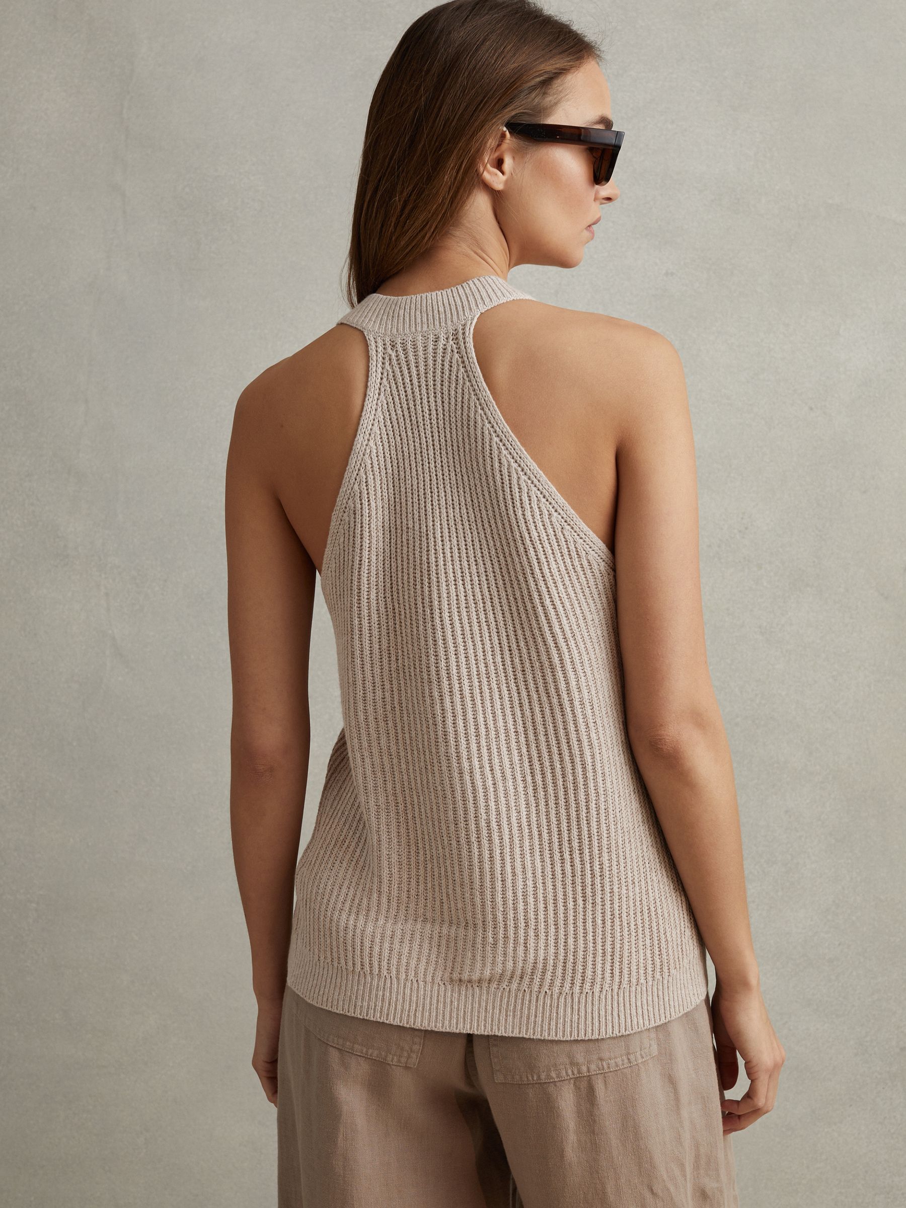 Knitted Halter Neck Top With Linen in Neutral