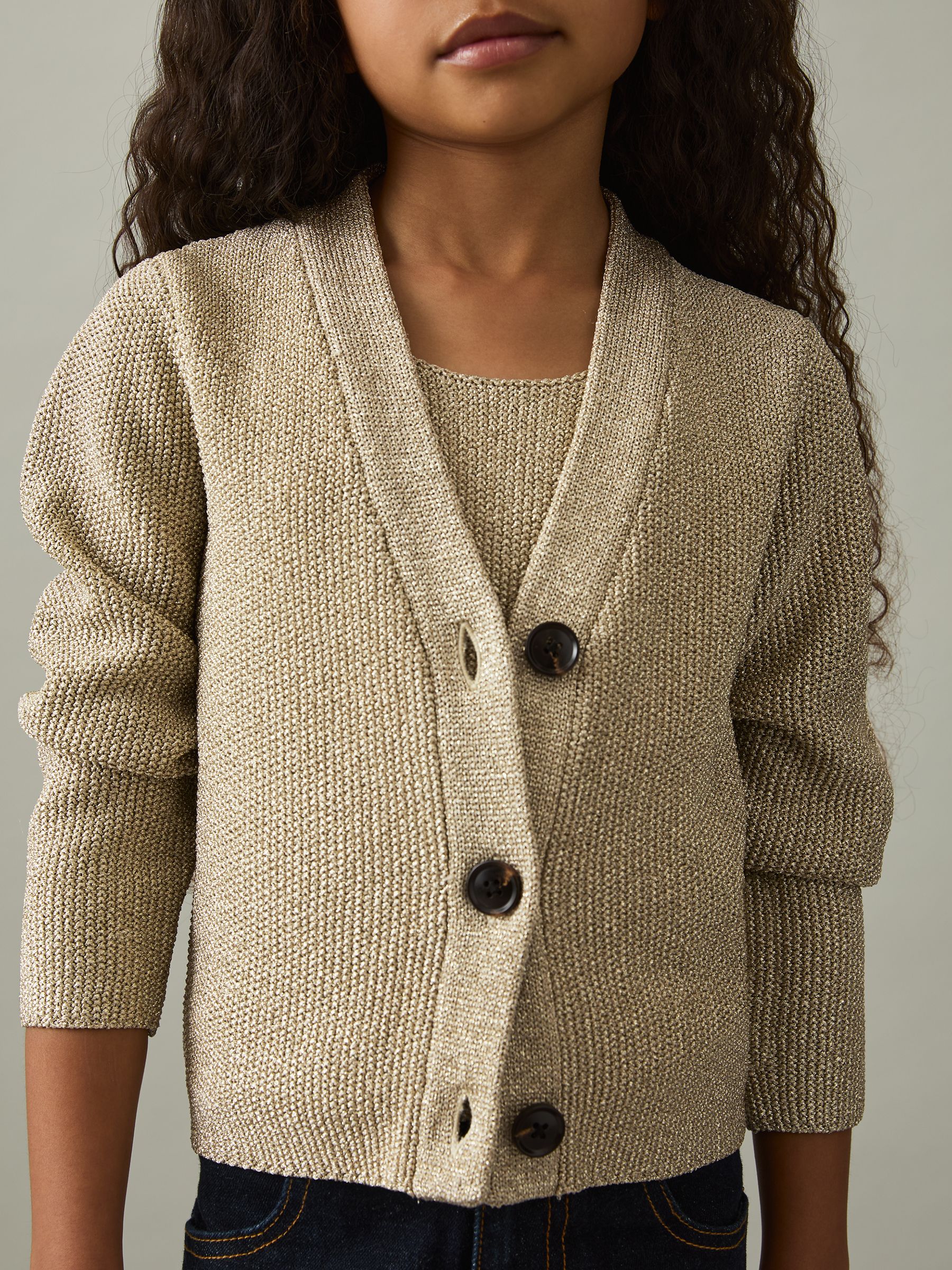 13-14 yrs Metallic-Knit V-Neck Cardigan in Gold