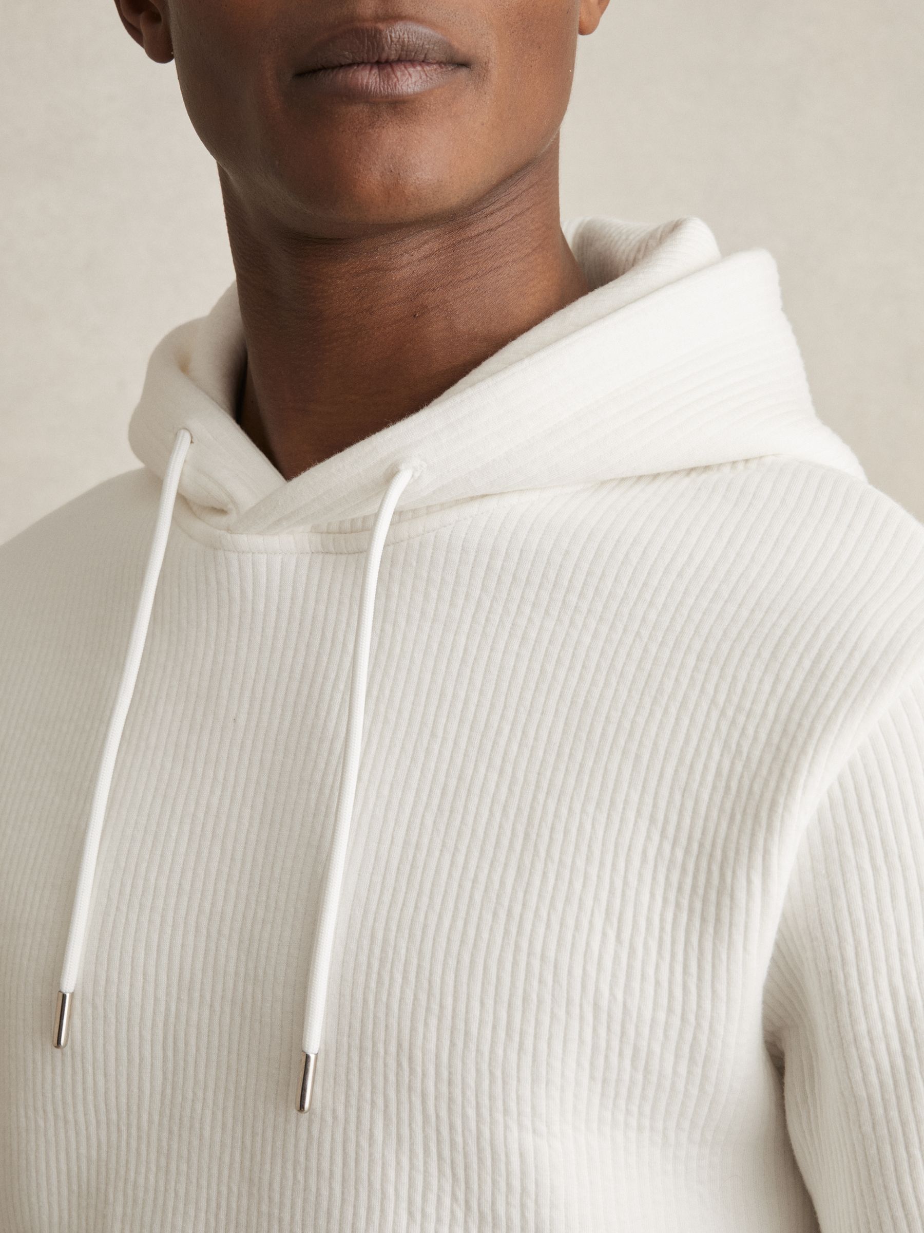 Cotton-Blend Rib-Knit Hoodie in White