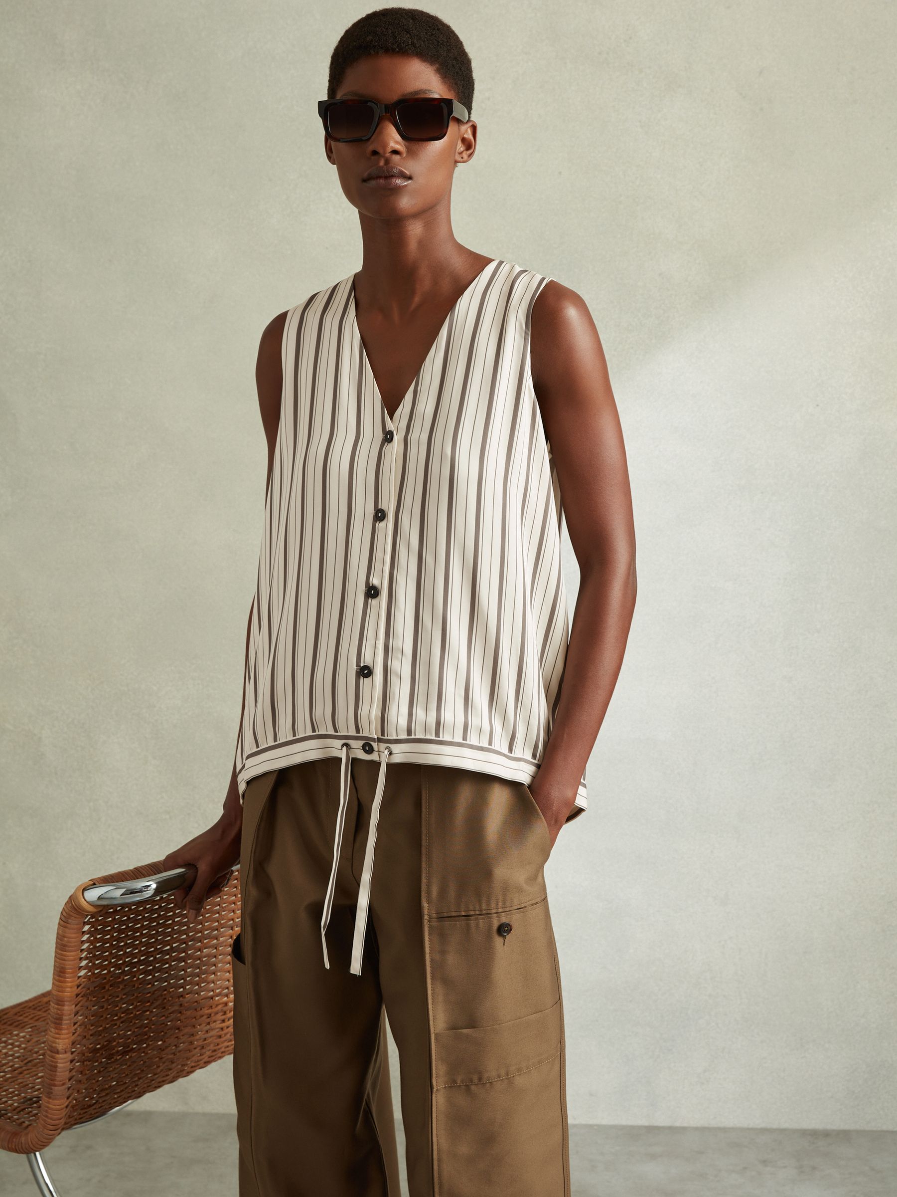 Striped Drawstring Hem Waistcoat in Ivory/Grey