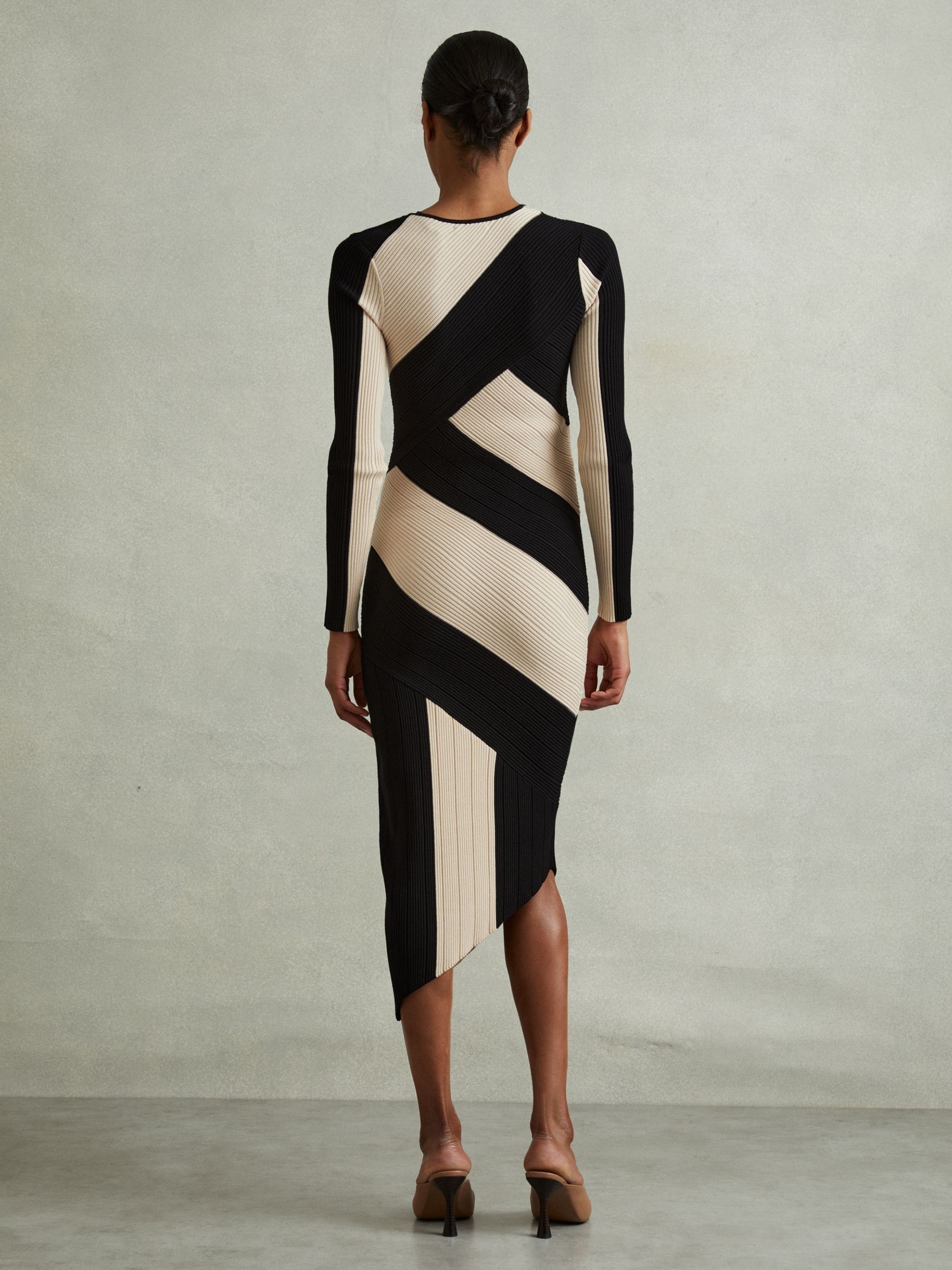 Petite Knitted Colourblock Asymmetric Midi Dress in Black/Camel