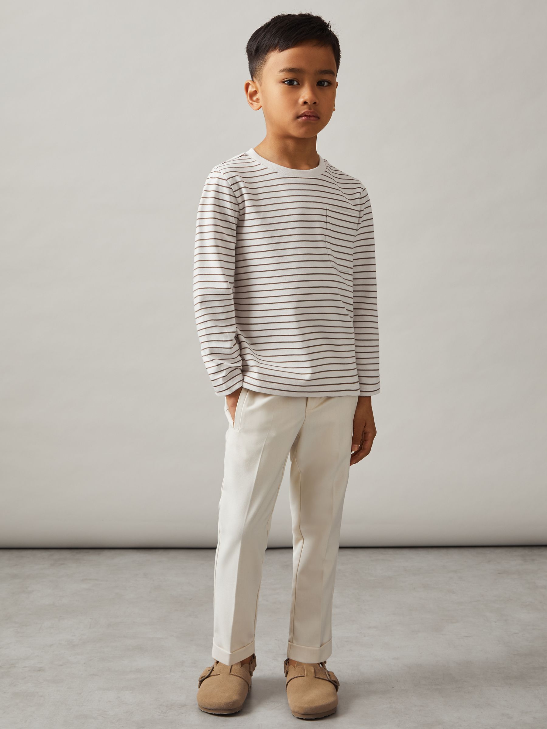 9-13 yrs Stretch-Cotton Stripe T-Shirt in Off White/Camel