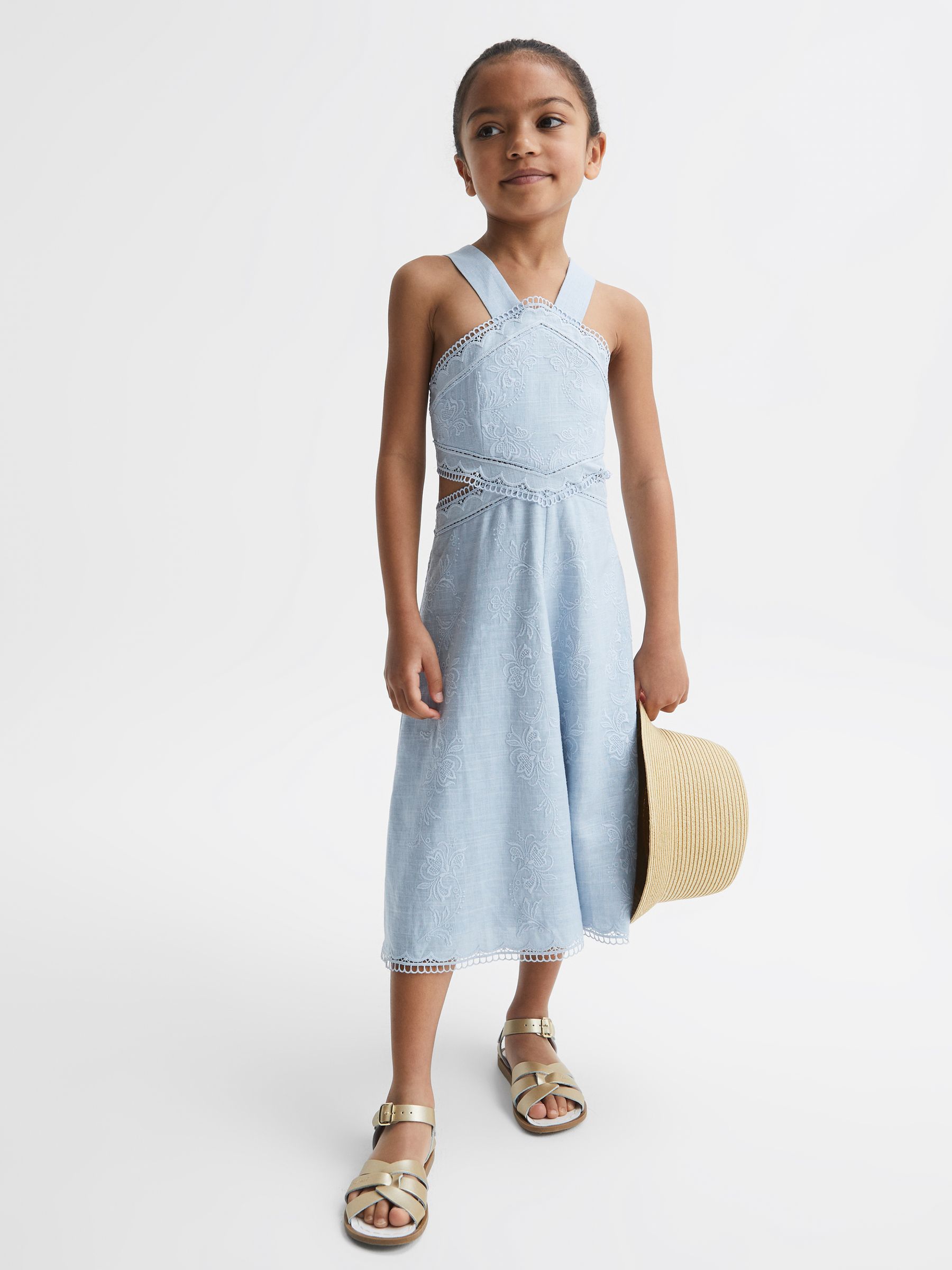 Junior Cross Back Embroidered Dress in Blue