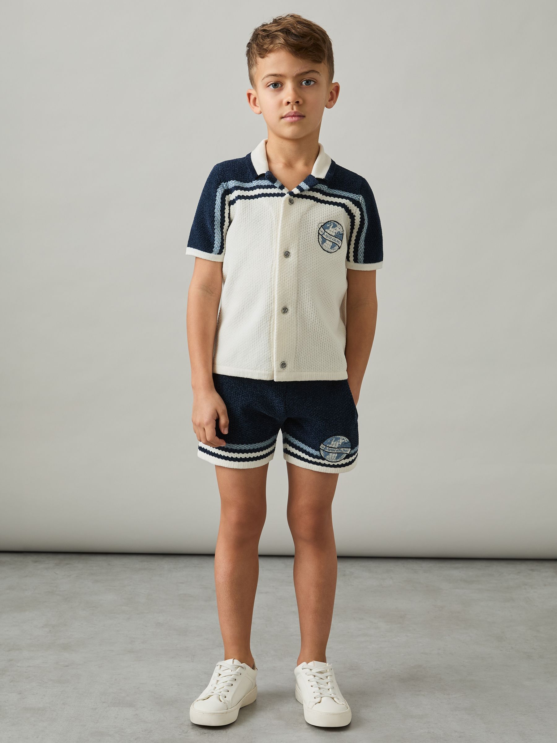 9-13 yrs Chenille Airlines Embroidery Shorts in Navy/Airforce Blue/White