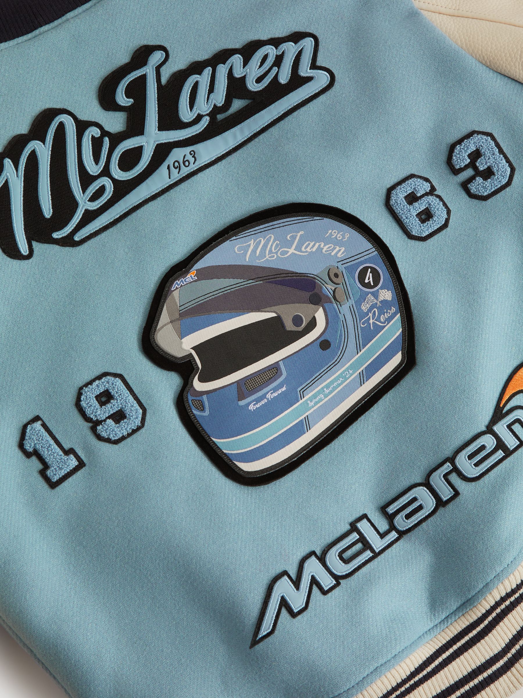 McLaren F1 Leather Varsity Jacket in Soft Blue/Ecru