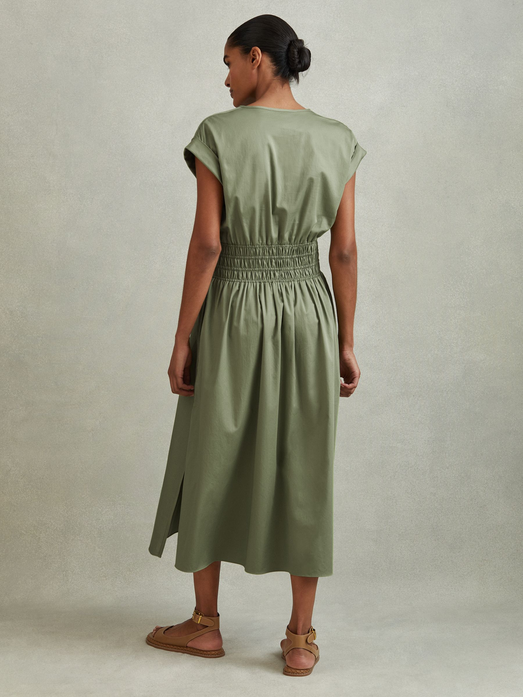 Cotton Ruched Waist Midi Dress in Green