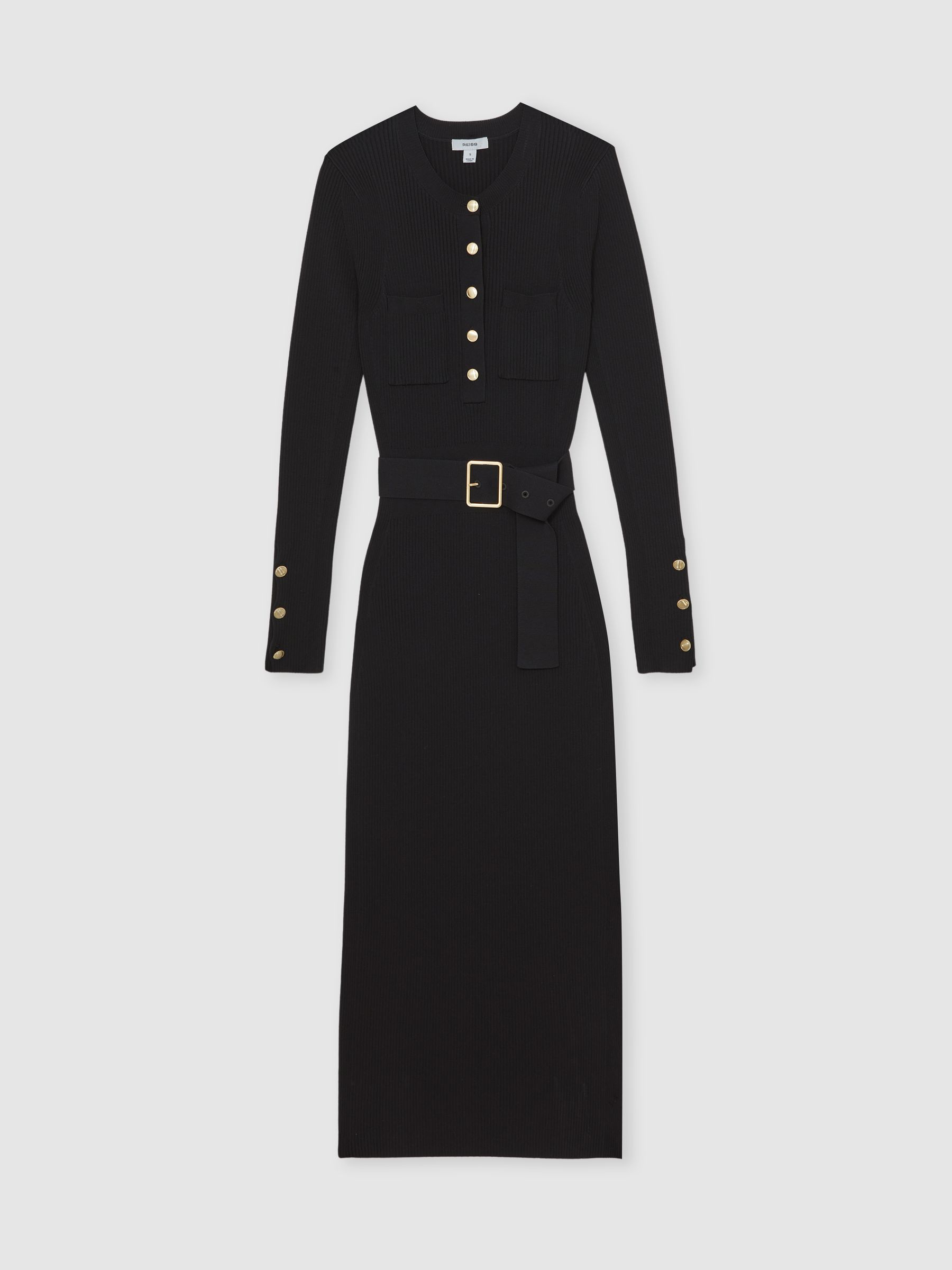 Buttoned Rib-Knit Midi Dress in Black