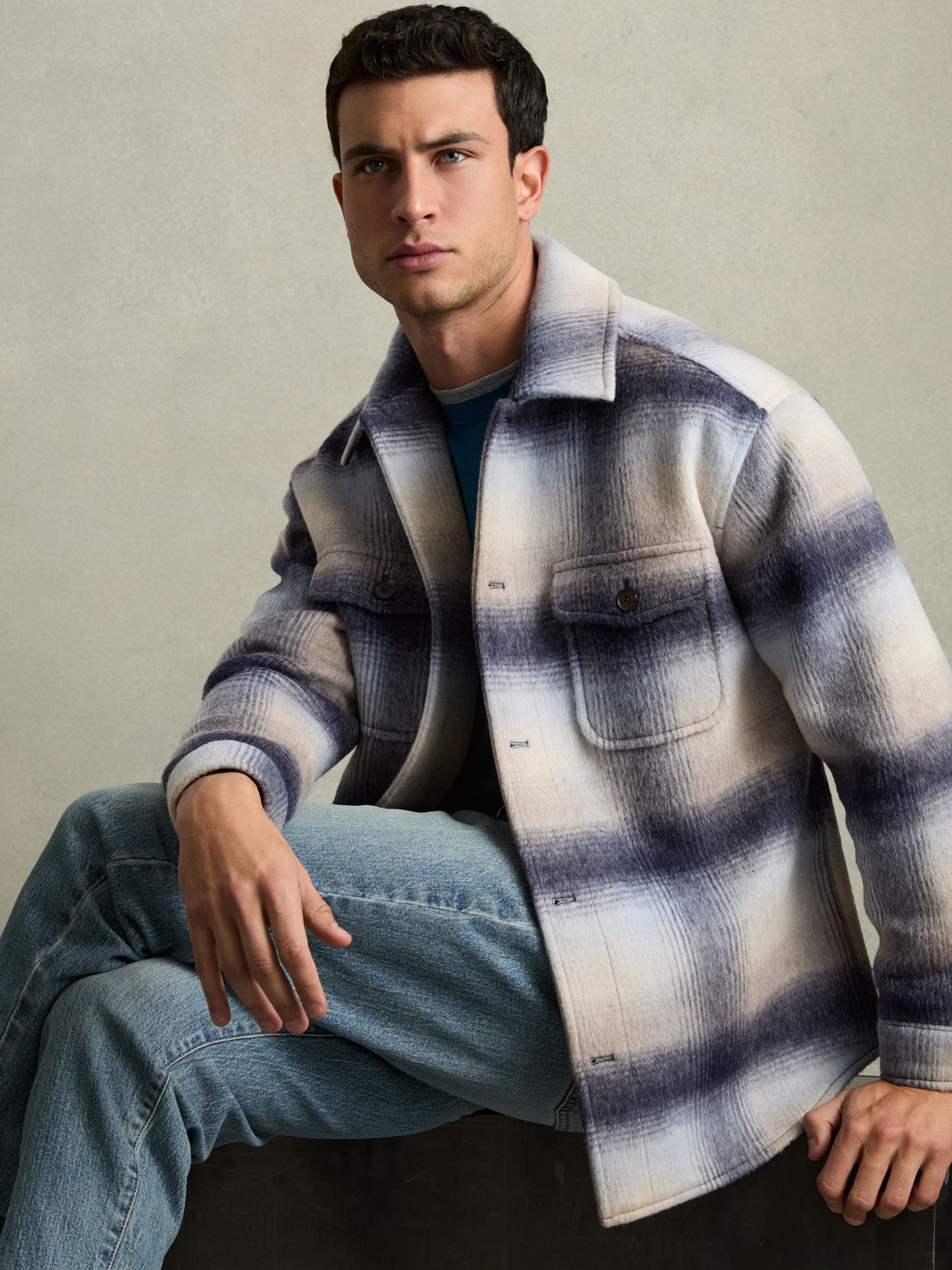 Brushed Wool-Blend Check Overshirt in Blue Multi