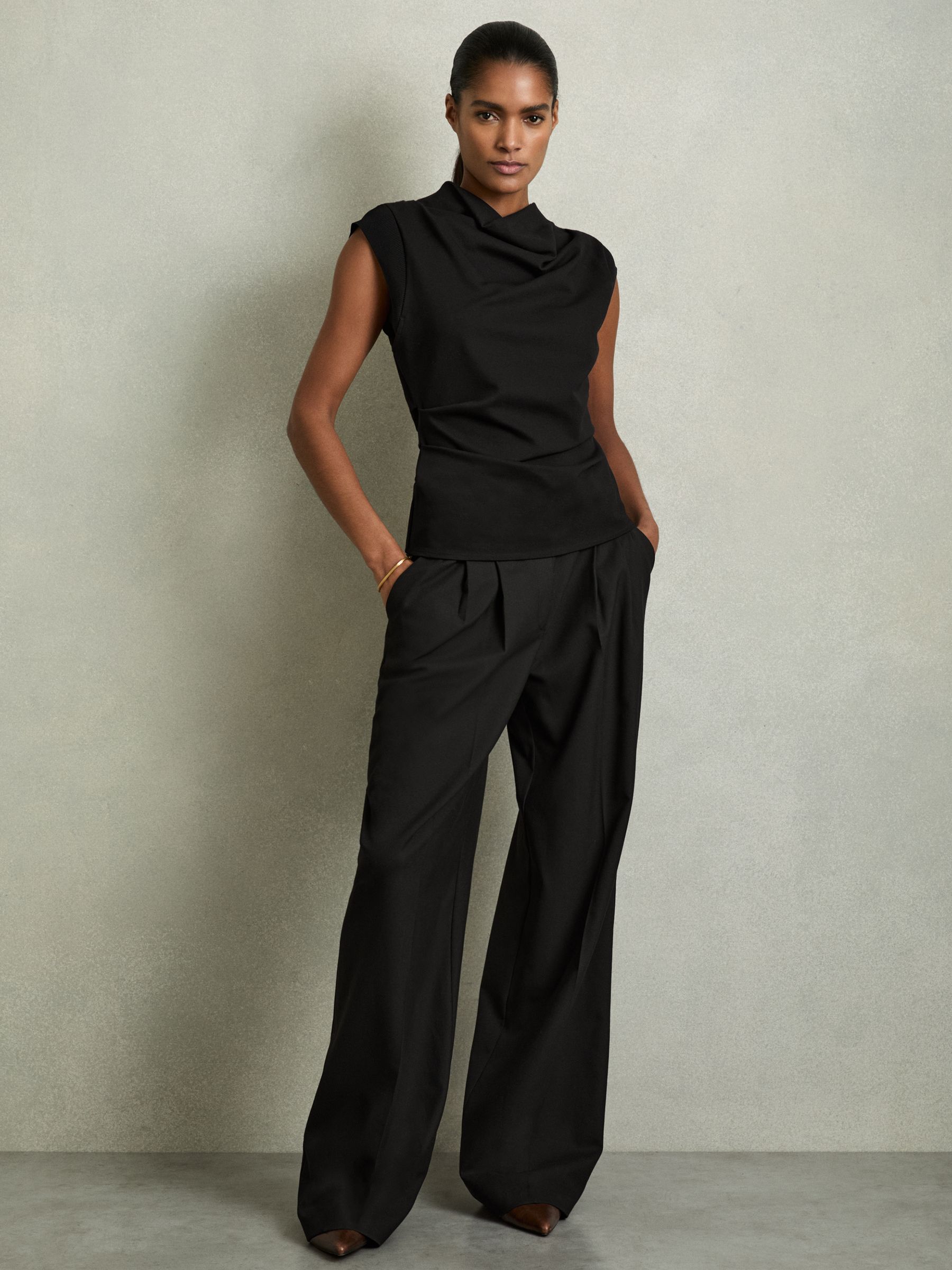 Draped Jersey-Twill Sleeveless Top in Black