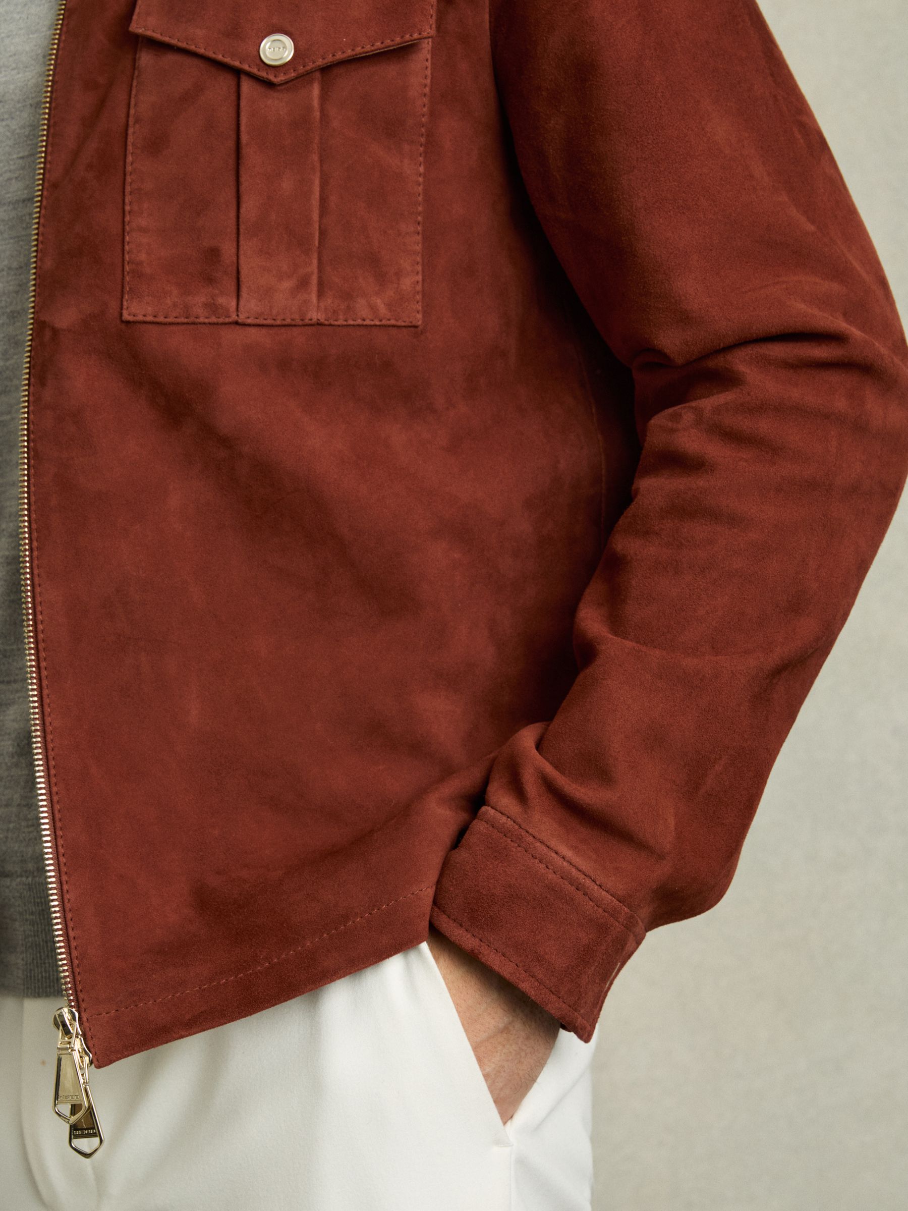 Suede Zip-Through Jacket in Burnt Red