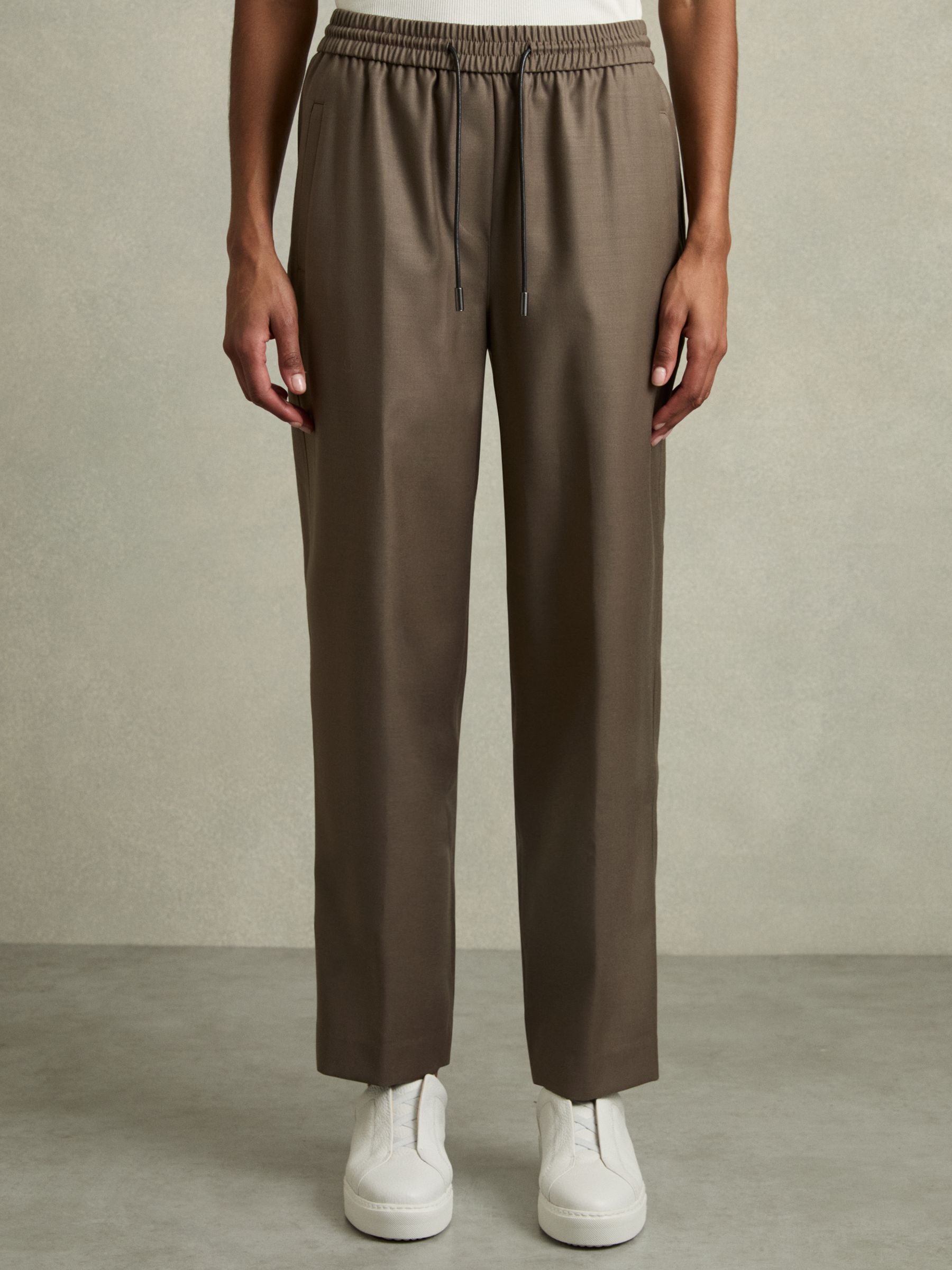 Wool-Blend Drawstring-Waist Tapered Trousers in Mink Neutral