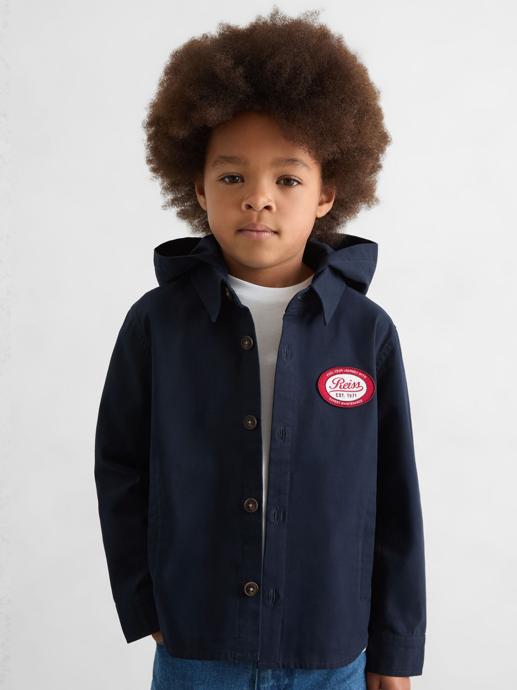 Cotton Removable-Hood Motor Cars Jacket in Navy