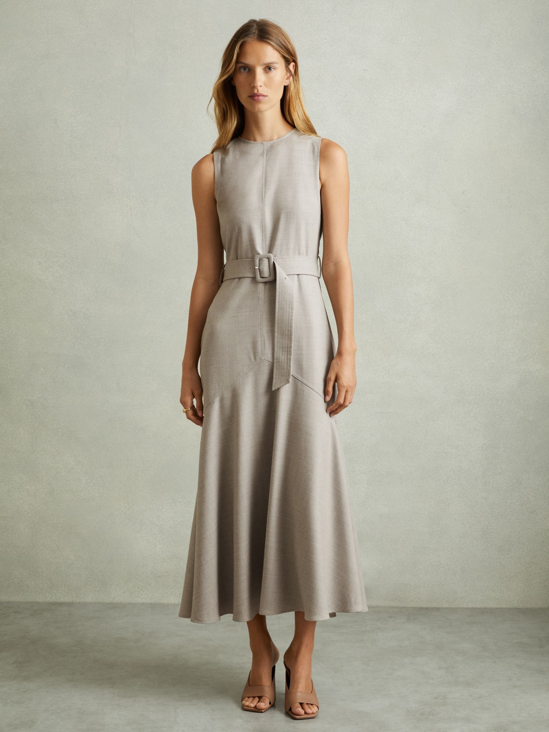 Belted Flared Midi Dress in Grey