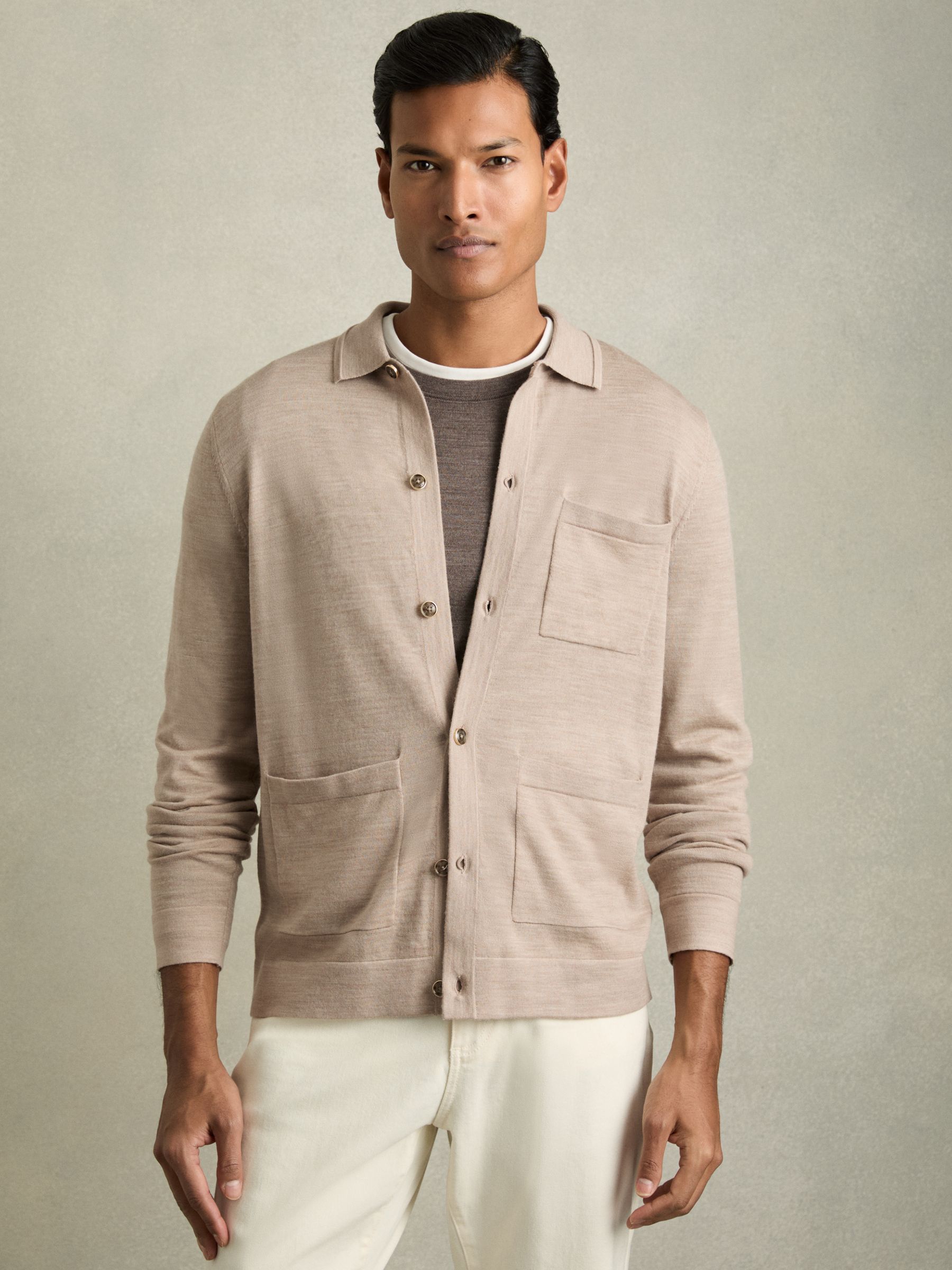 Merino Wool Button-Through Cardigan in Wheat Melange