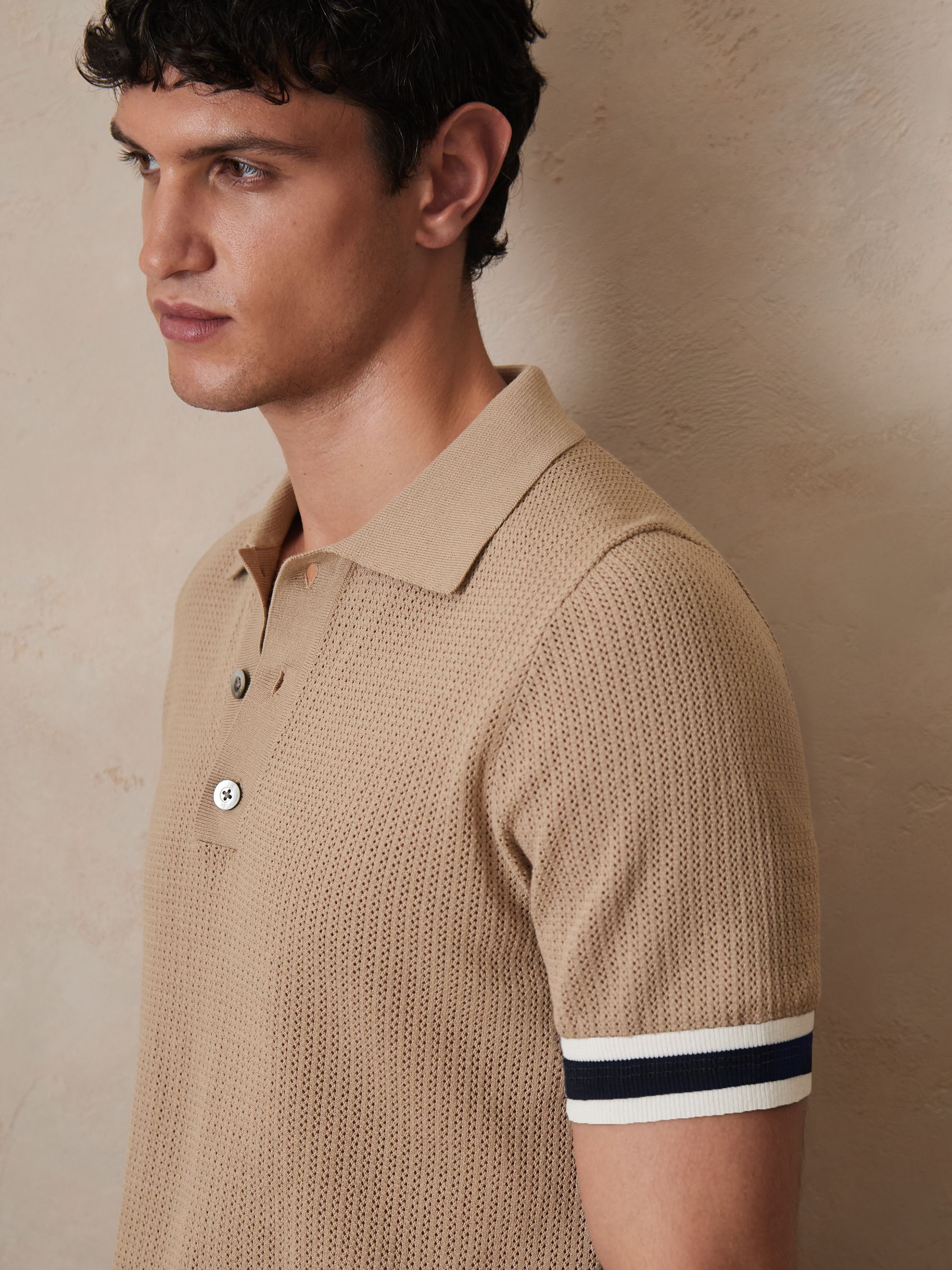 Reiss | Ché Cotton Knit Polo Shirt in Camel Brown