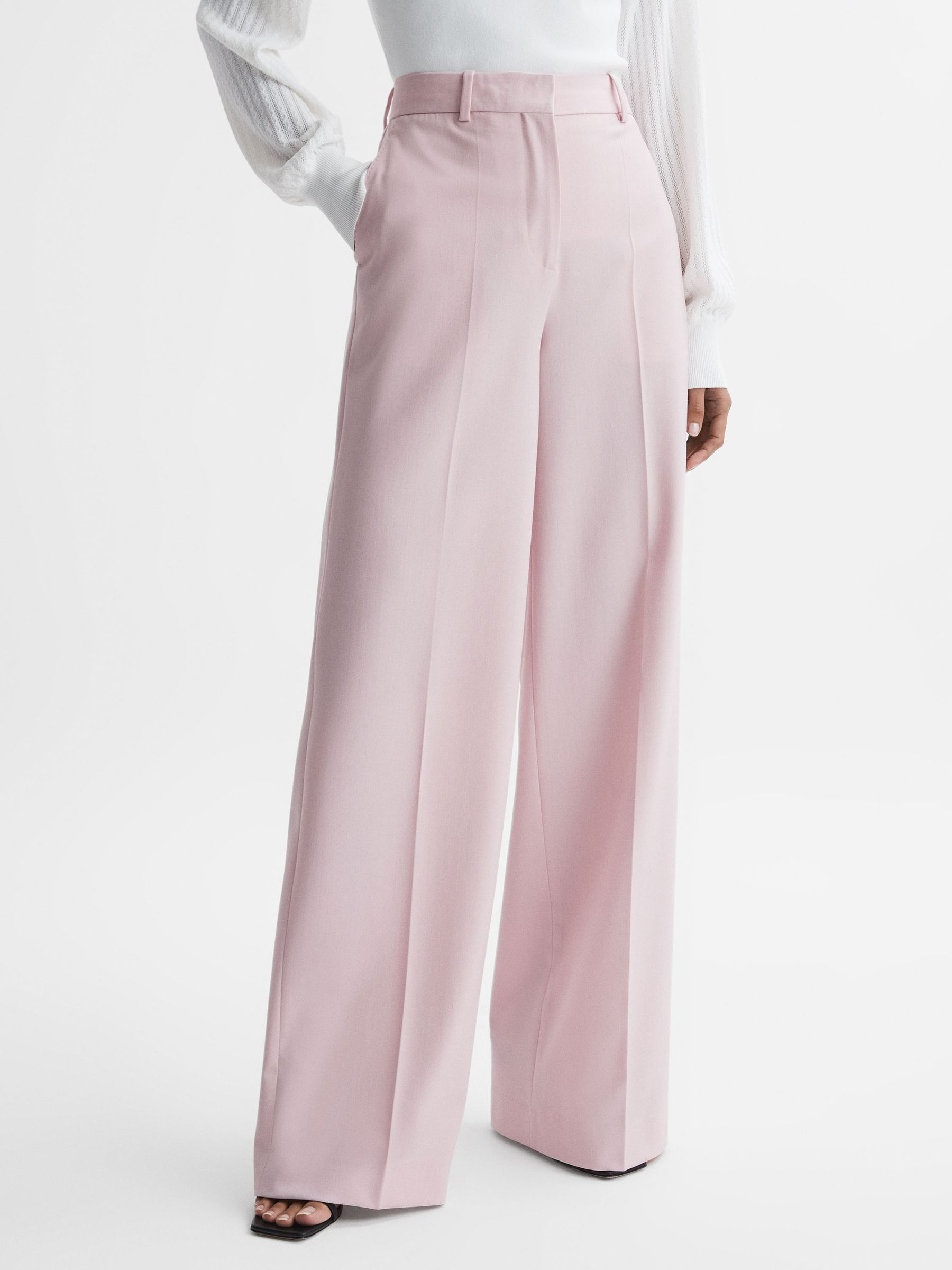 Wool Blend Mid Rise Wide Leg Trousers in Pink