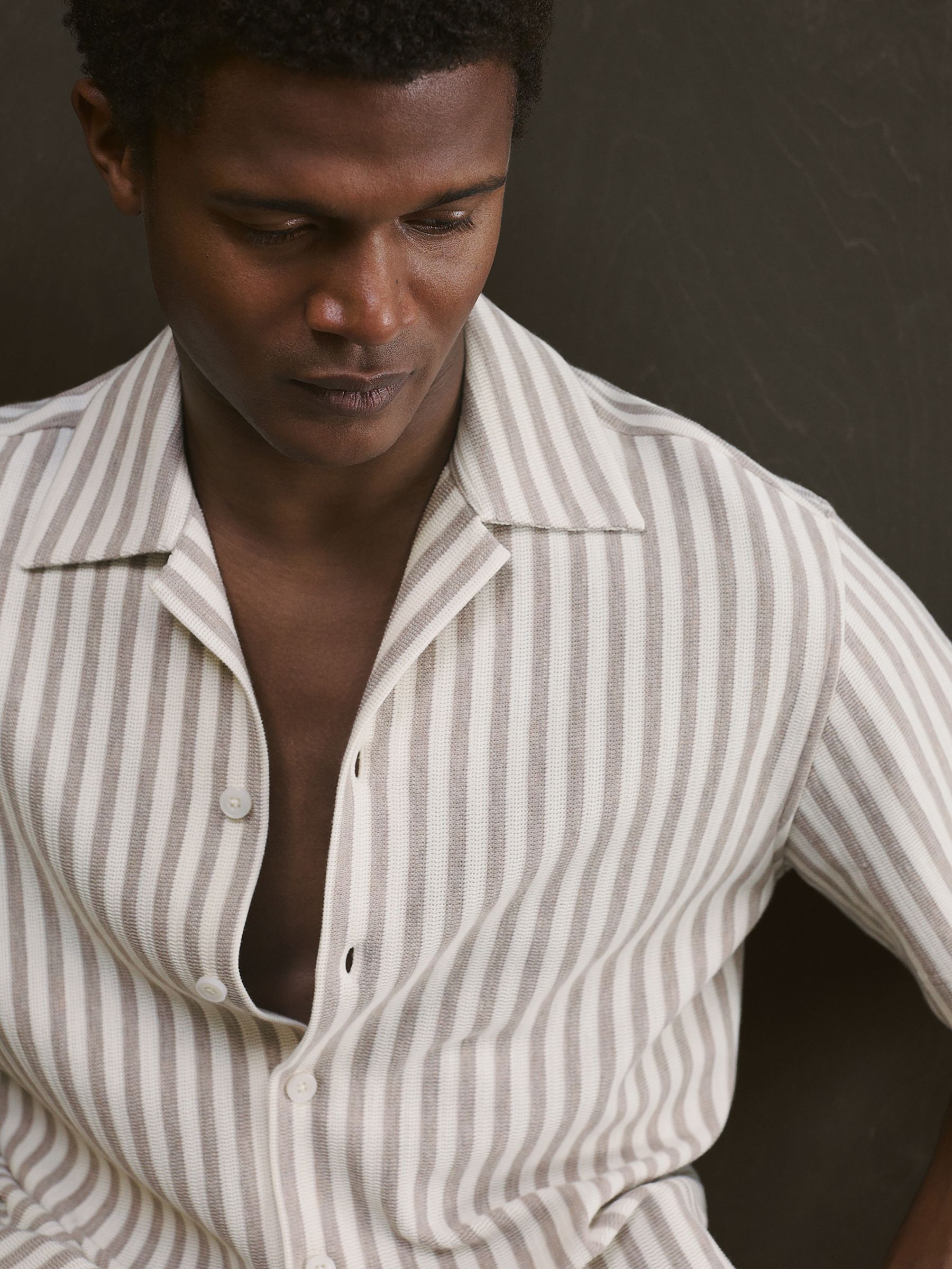 Textured Stripe Cuban-Collar Shirt in Stone/White