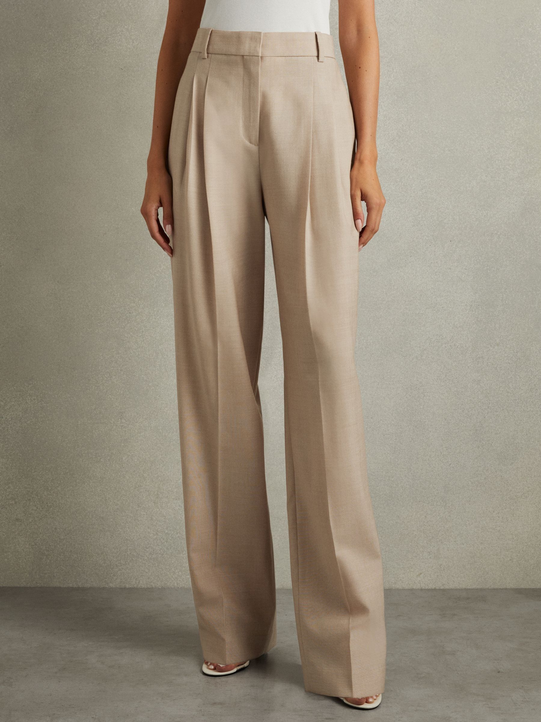 Wool Pleat Front Wide Leg Suit Trousers in Neutral