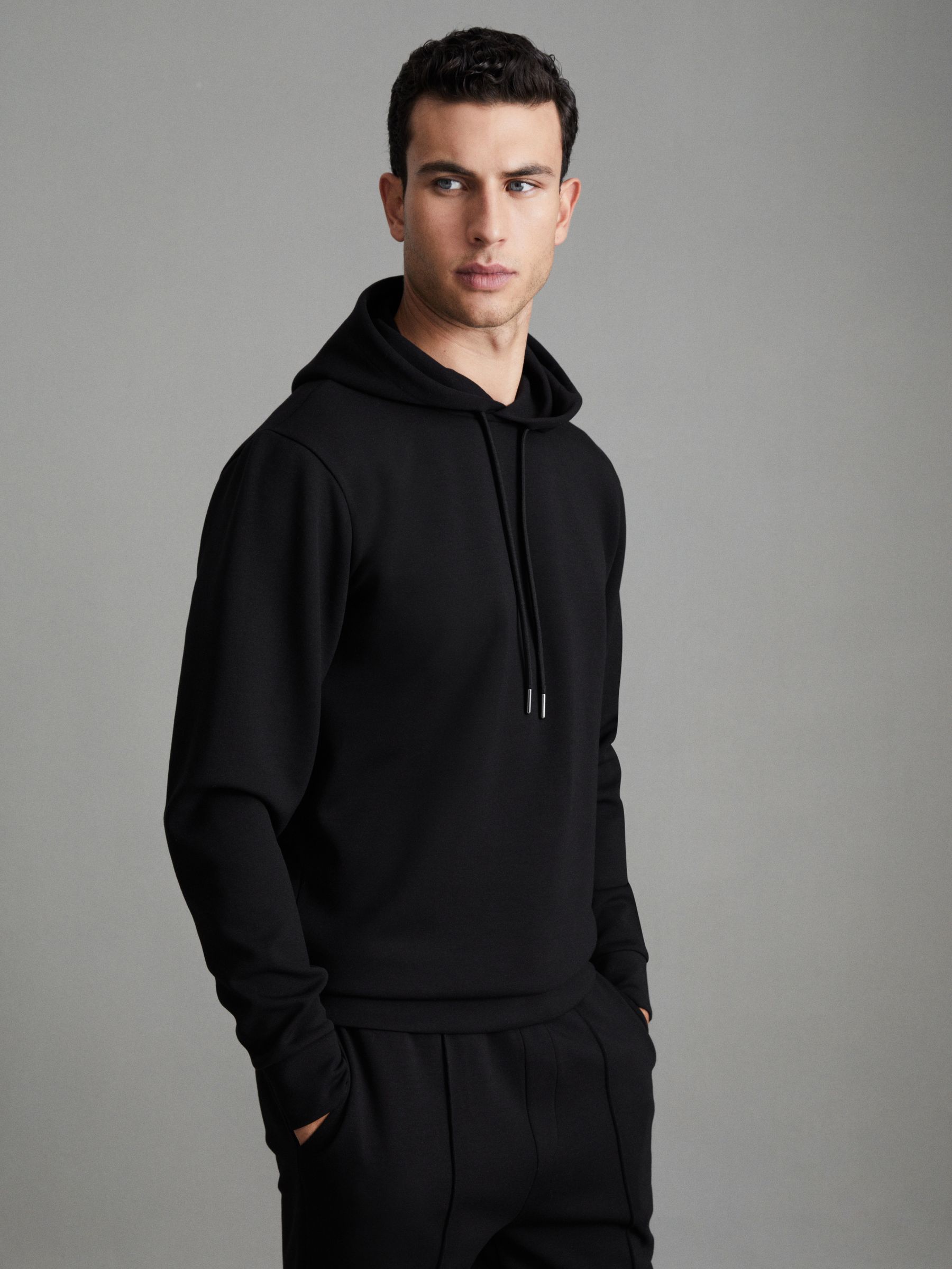 Interlock Jersey Drawstring Hoodie in Black