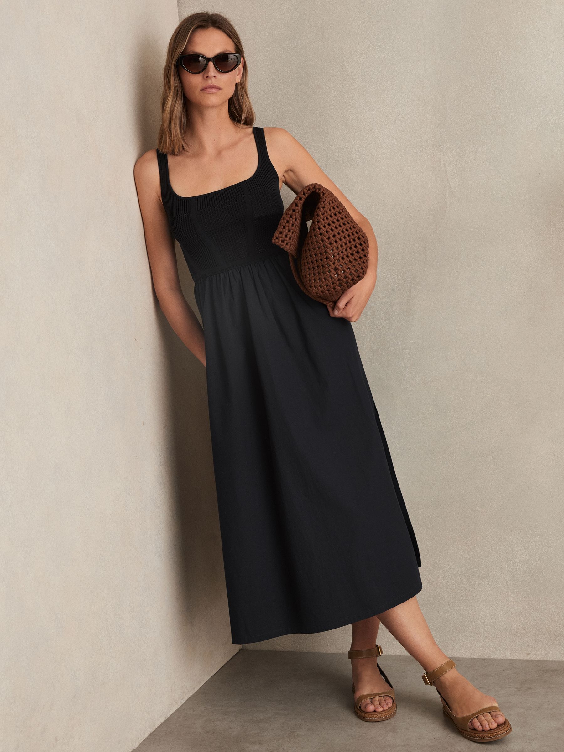 Perforated-Knit Cotton-Skirt Midi Dress in Navy