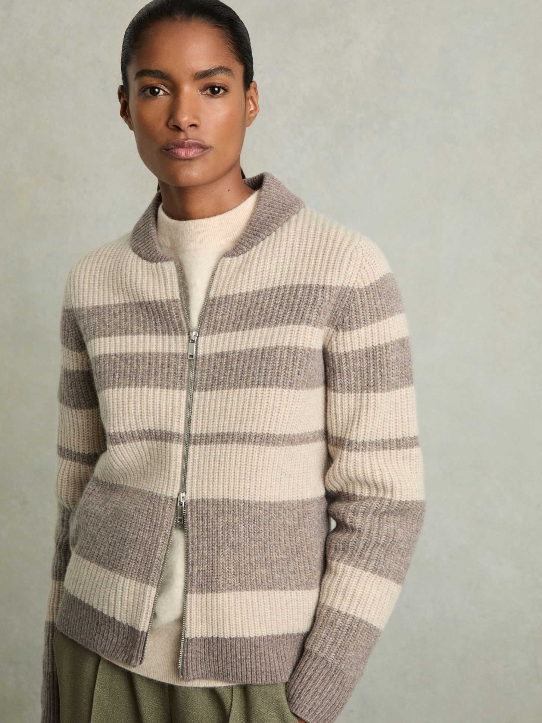 Wool Stripe Zip-Through Cardigan in Neutral/Brown