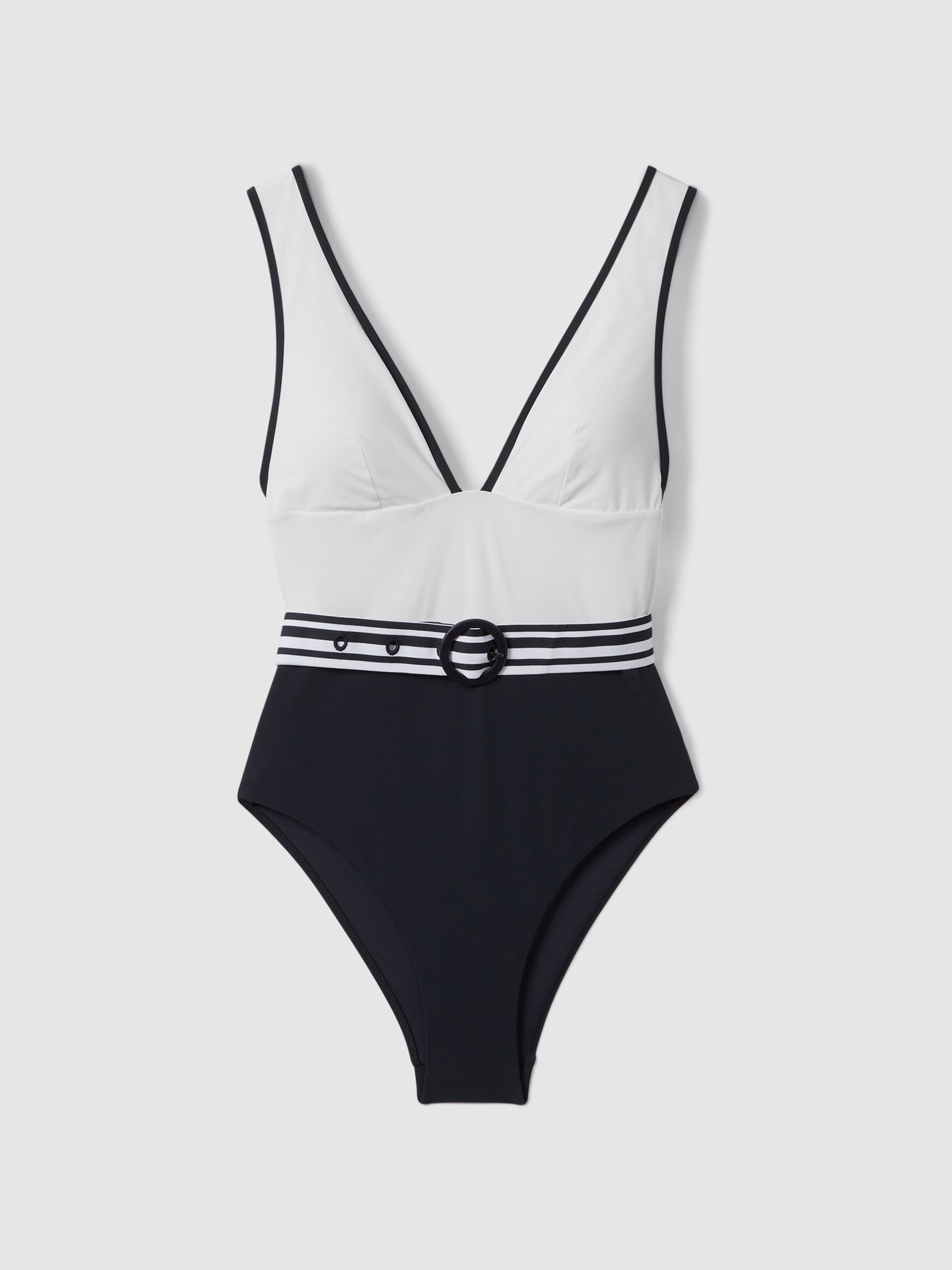 Colourblock Belted Swimsuit in White/Navy