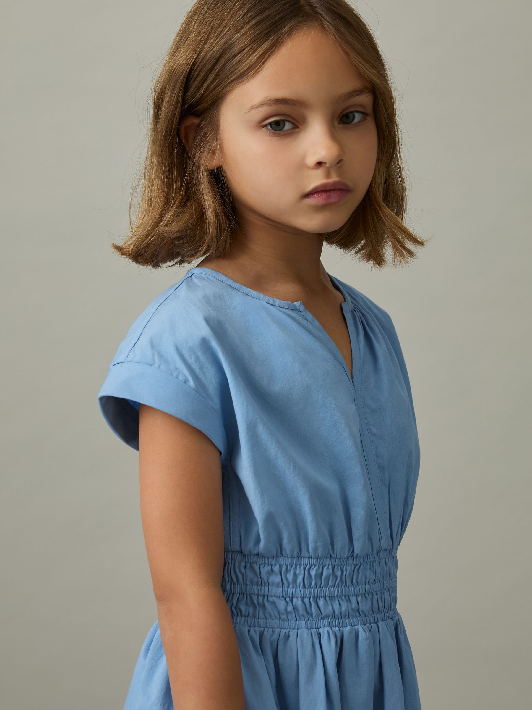 4-9 yrs Cotton Cap-Sleeve Ruched Dress in Blue