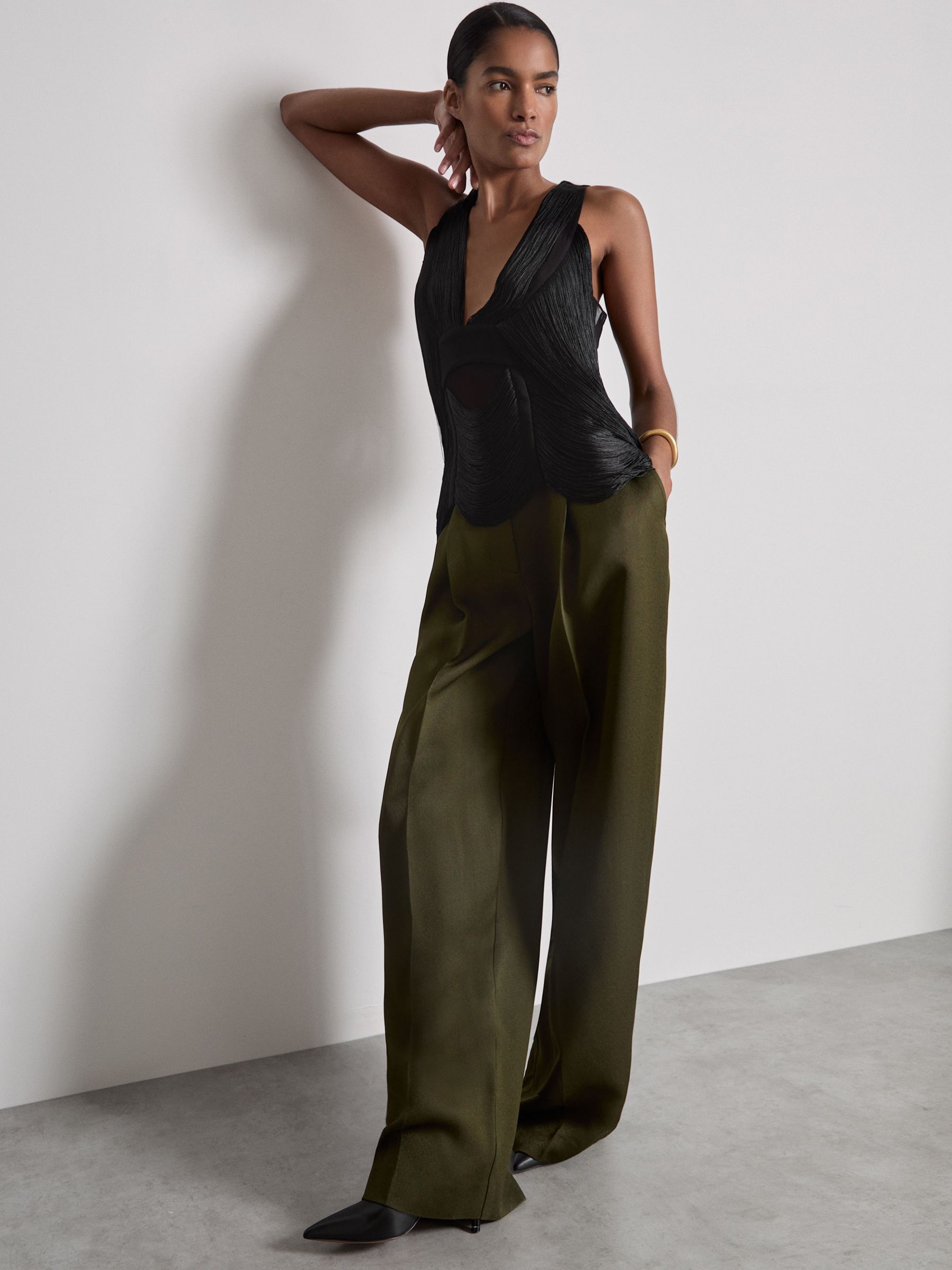 Atelier Draped Fringe Deep-V Top in Black