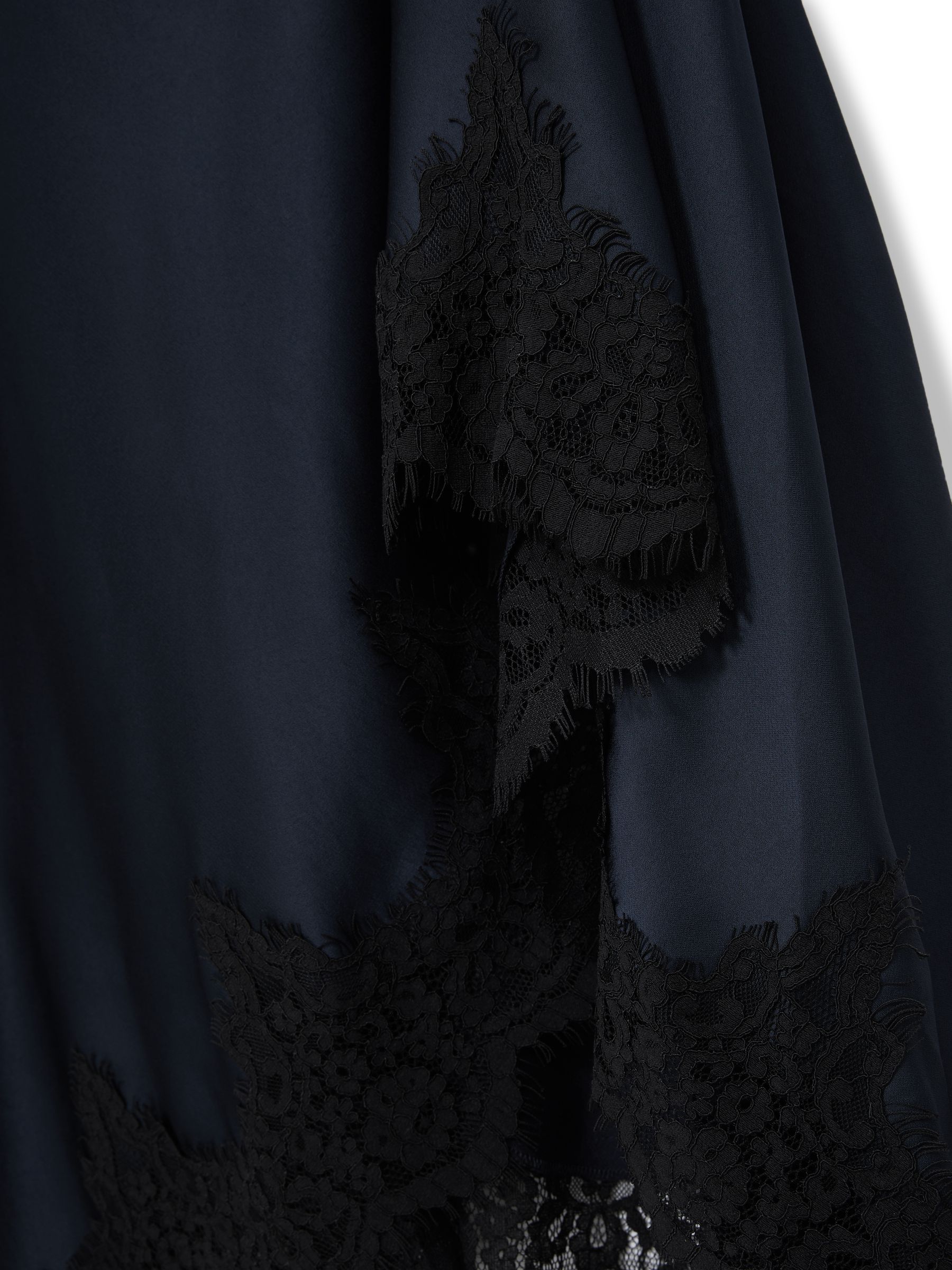 Satin Drape Lace-Trim Dress in Navy