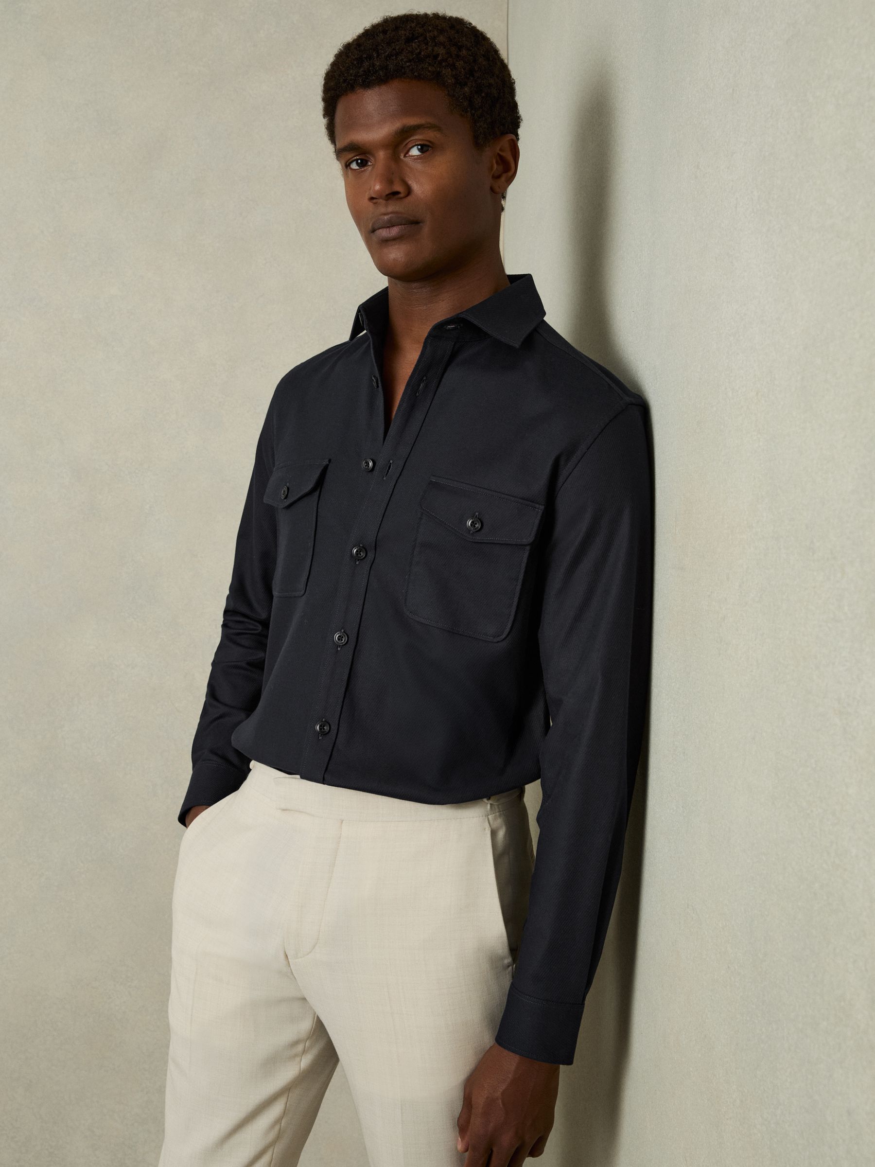 Stretch-Cotton Twill Twin-Pocket Overshirt in Navy