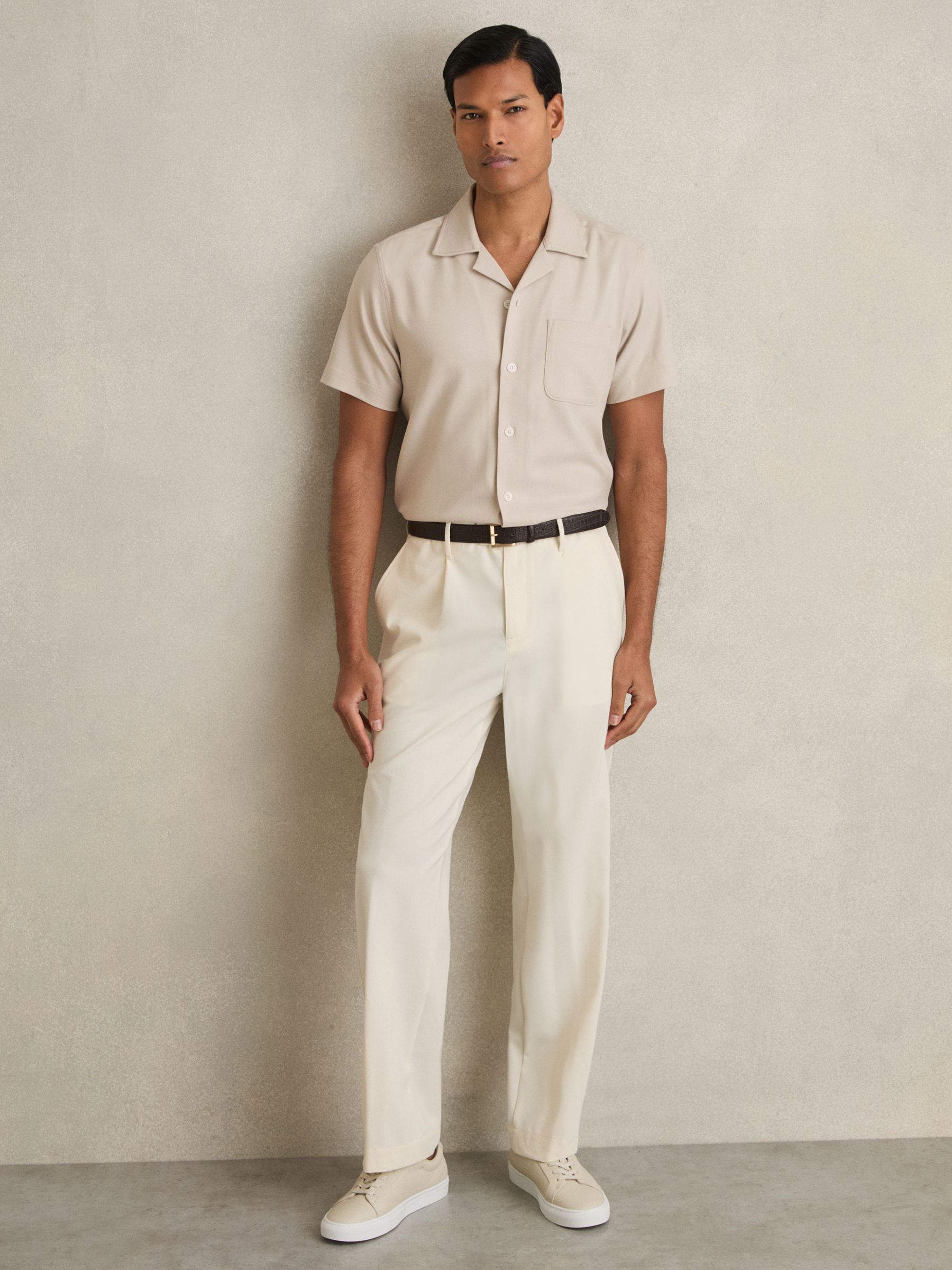 Herringbone Twill Cuban Collar Short Sleeve Shirt in Stone