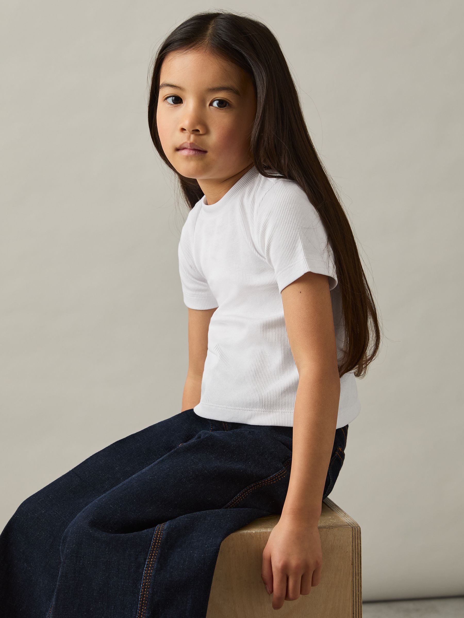 4-9 yrs Cotton-Jersey Ribbed Short-Sleeve T-Shirt in Ivory