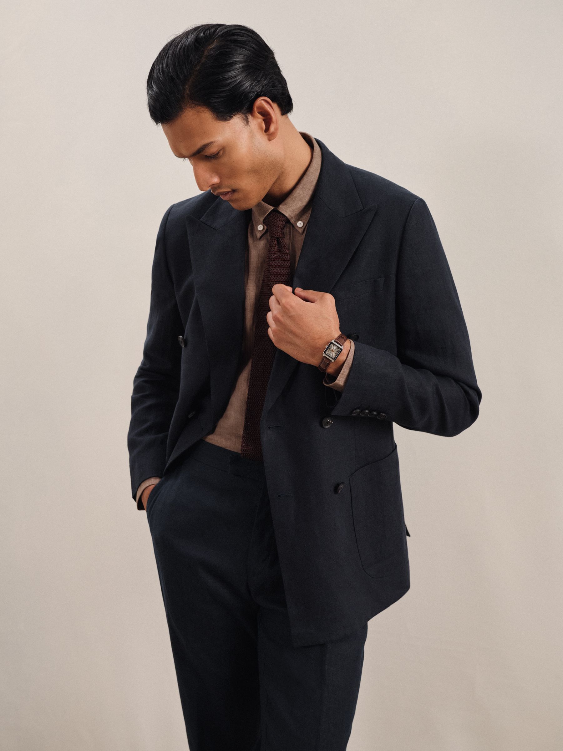 Linen Double-Breasted Suit Slim-Fit Blazer in Navy