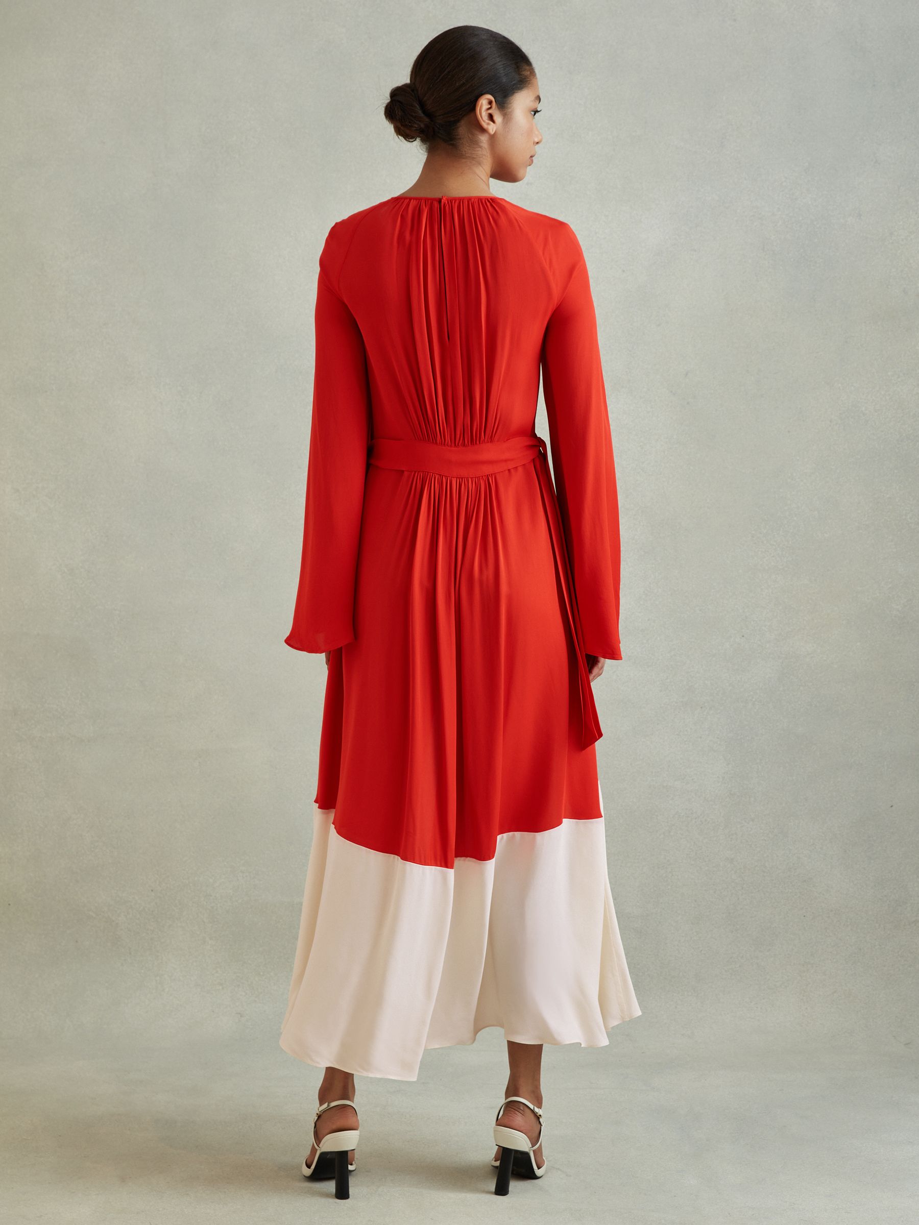 Colourblock Fit-and-Flare Midi Dress in Red/Cream