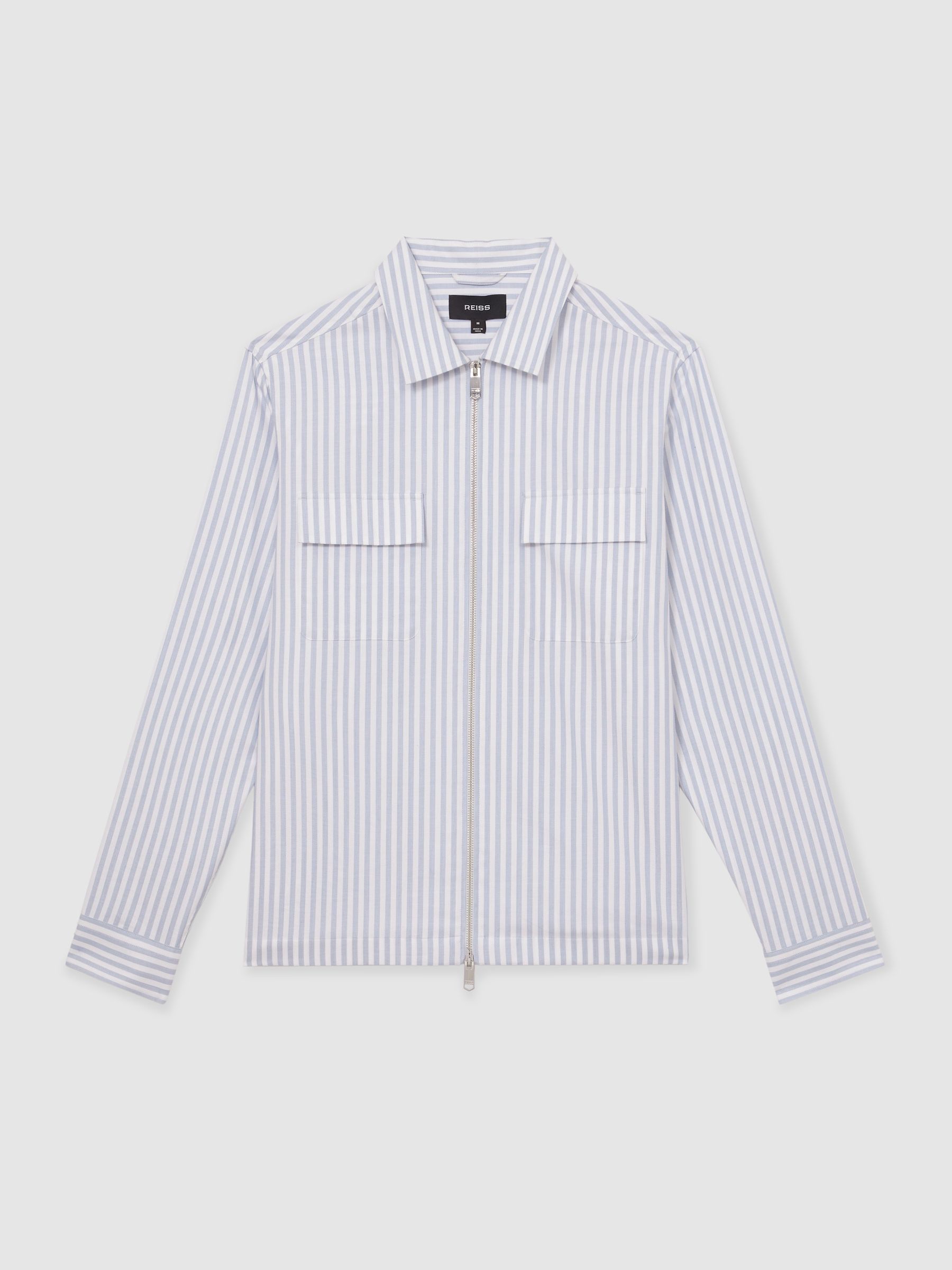 Cotton Stripe Zip-Through Shirt in White/Soft Blue
