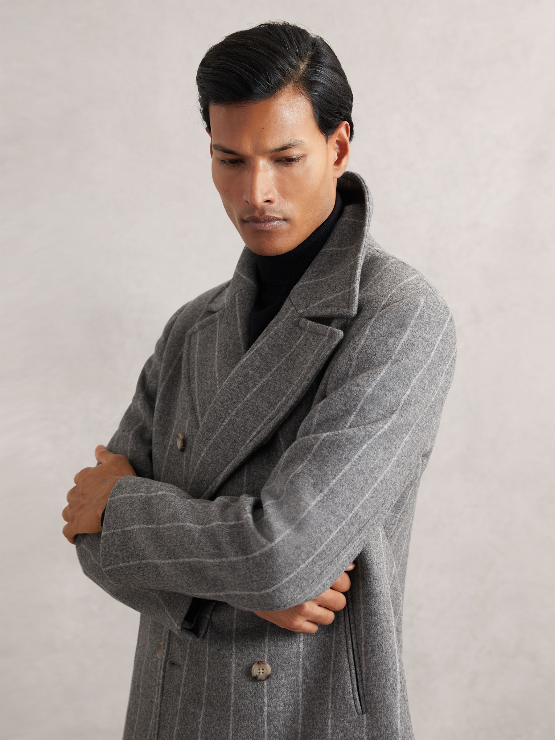 Wool-Blend Chalk-Stripe Pea Coat in Grey
