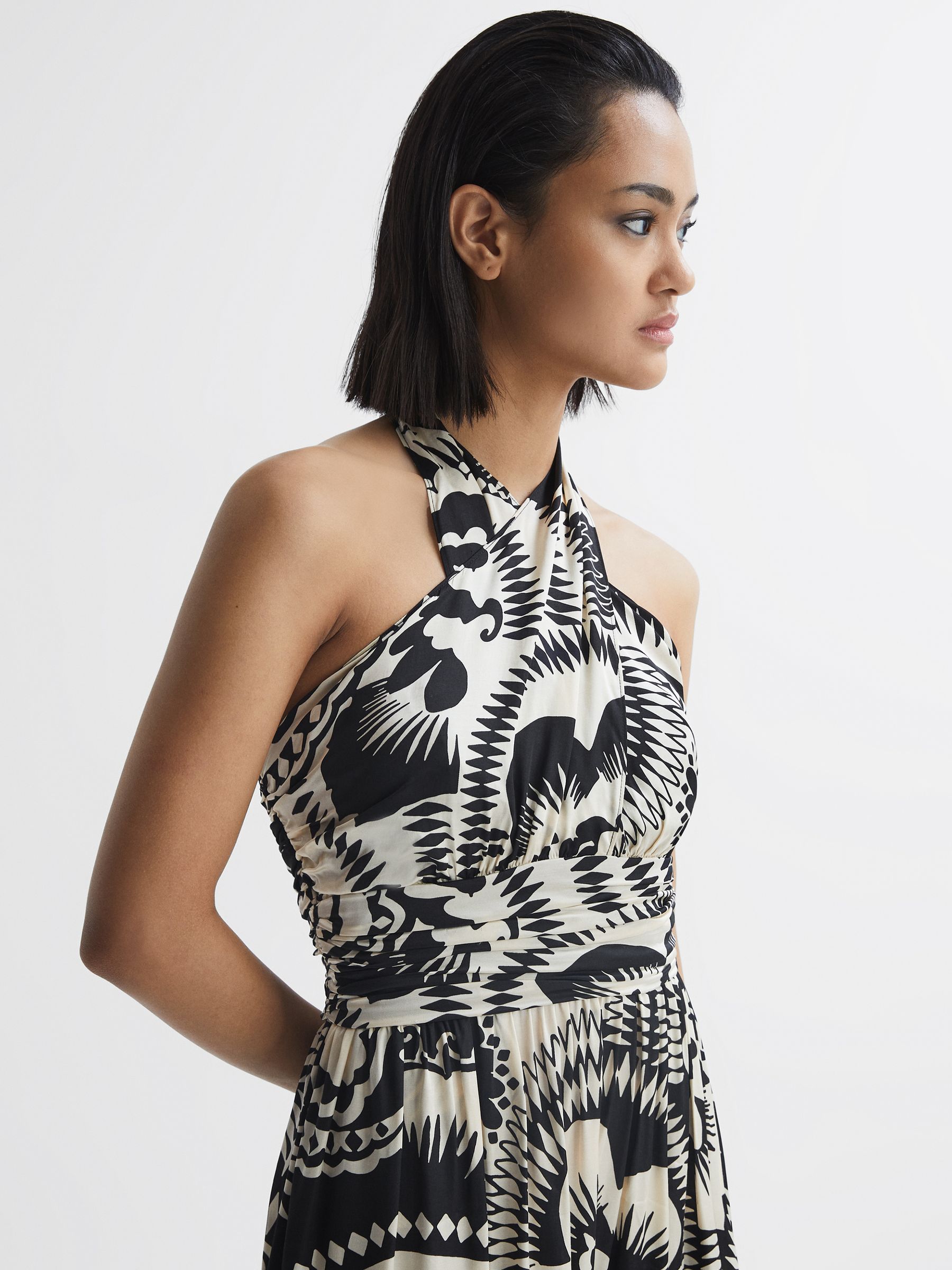 Printed Halter Neck Maxi Dress in Black/White