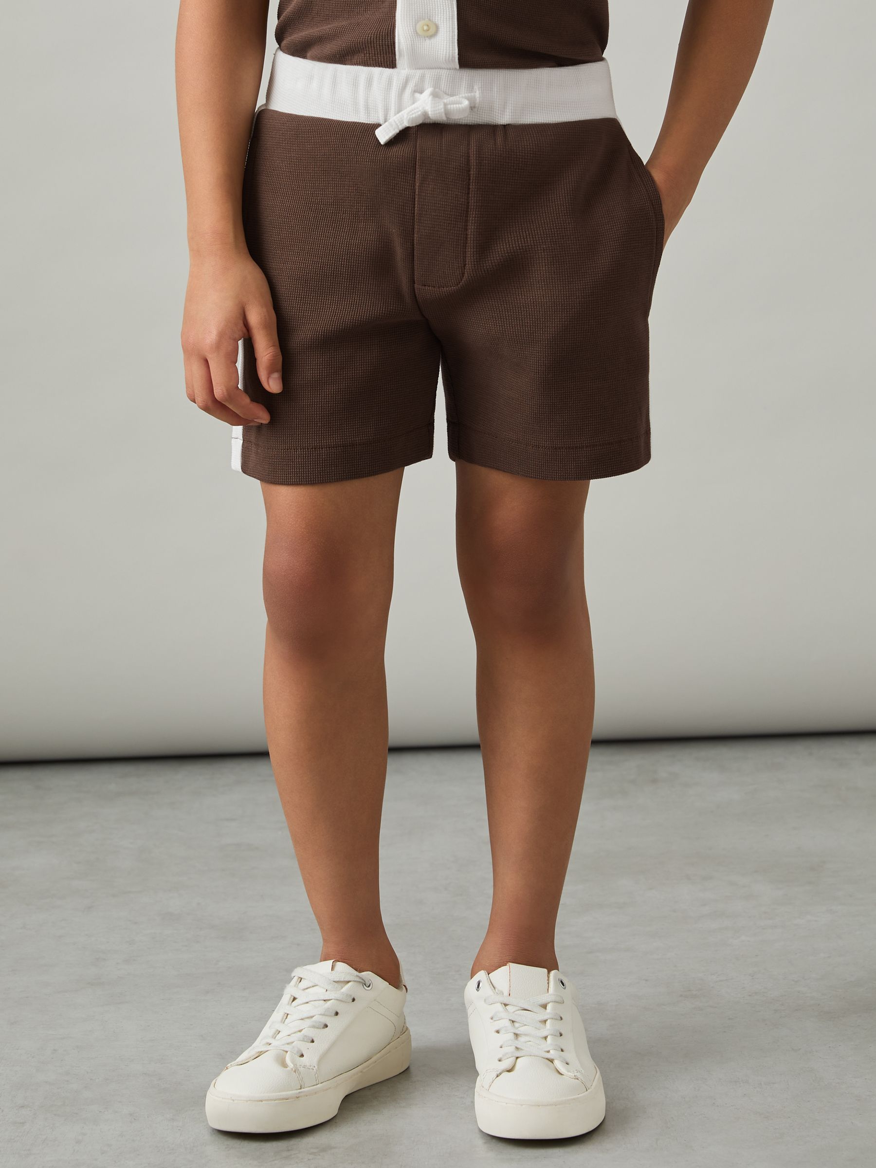 9-13 yrs Cotton Waffle-Knit Badge Shorts in Chocolate Brown / Off White