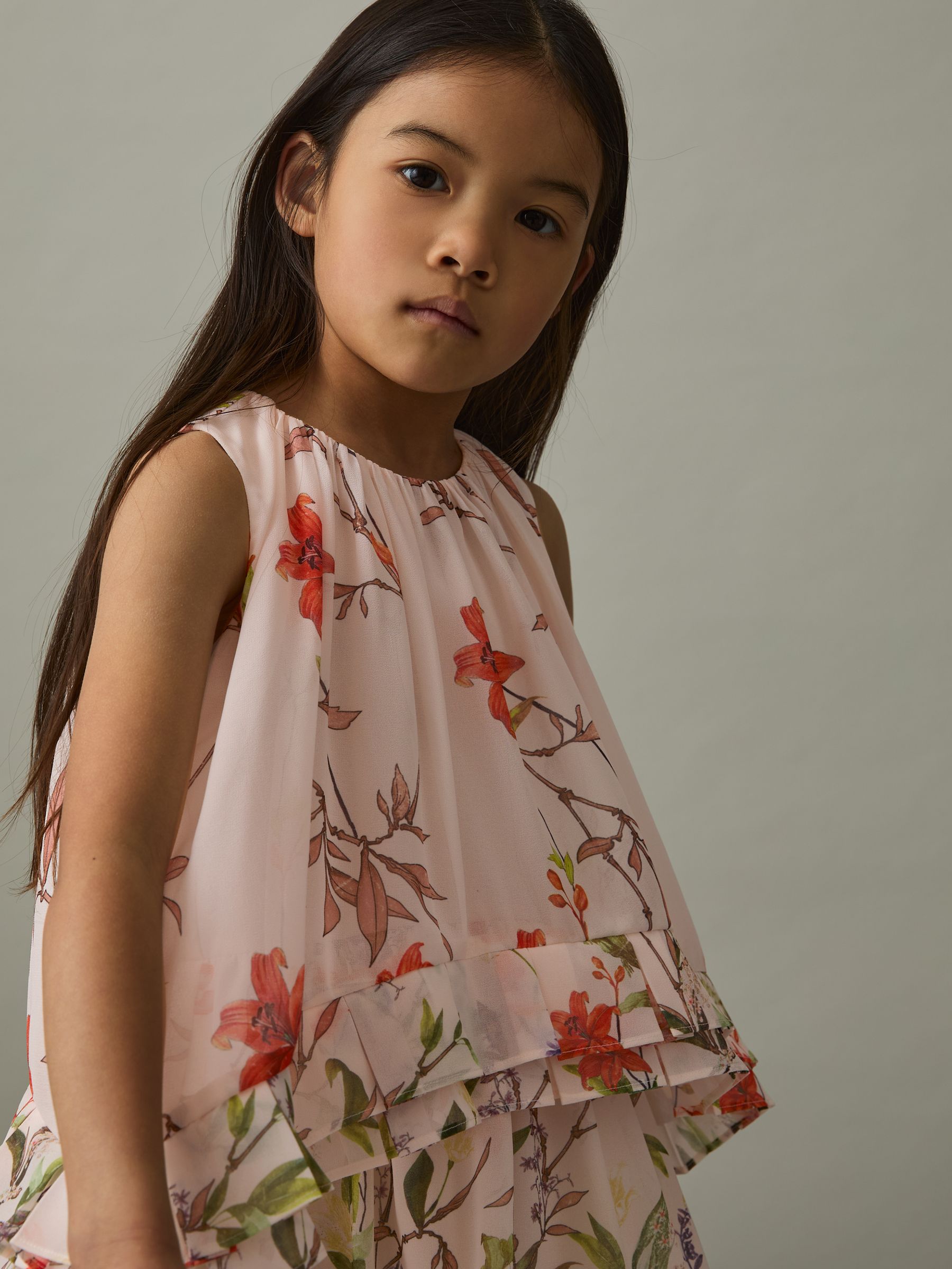 13-14 yrs Chiffon Floral-Print Tiered Dress in Pink Print