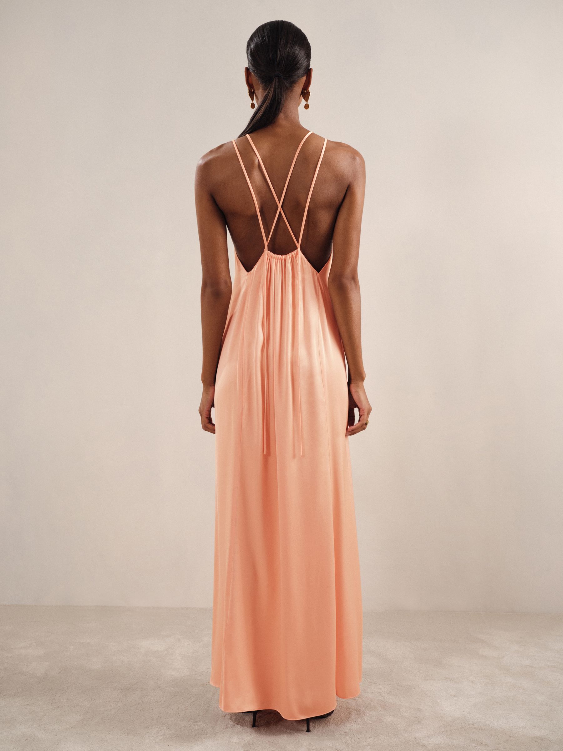 Petite Satin Halterneck Maxi Dress in Peach