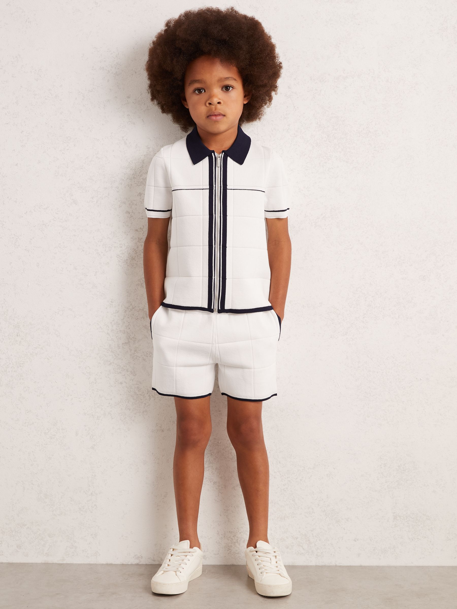 3-9 yrs Tipped Knit Stitch-Detail Shorts in White/Navy