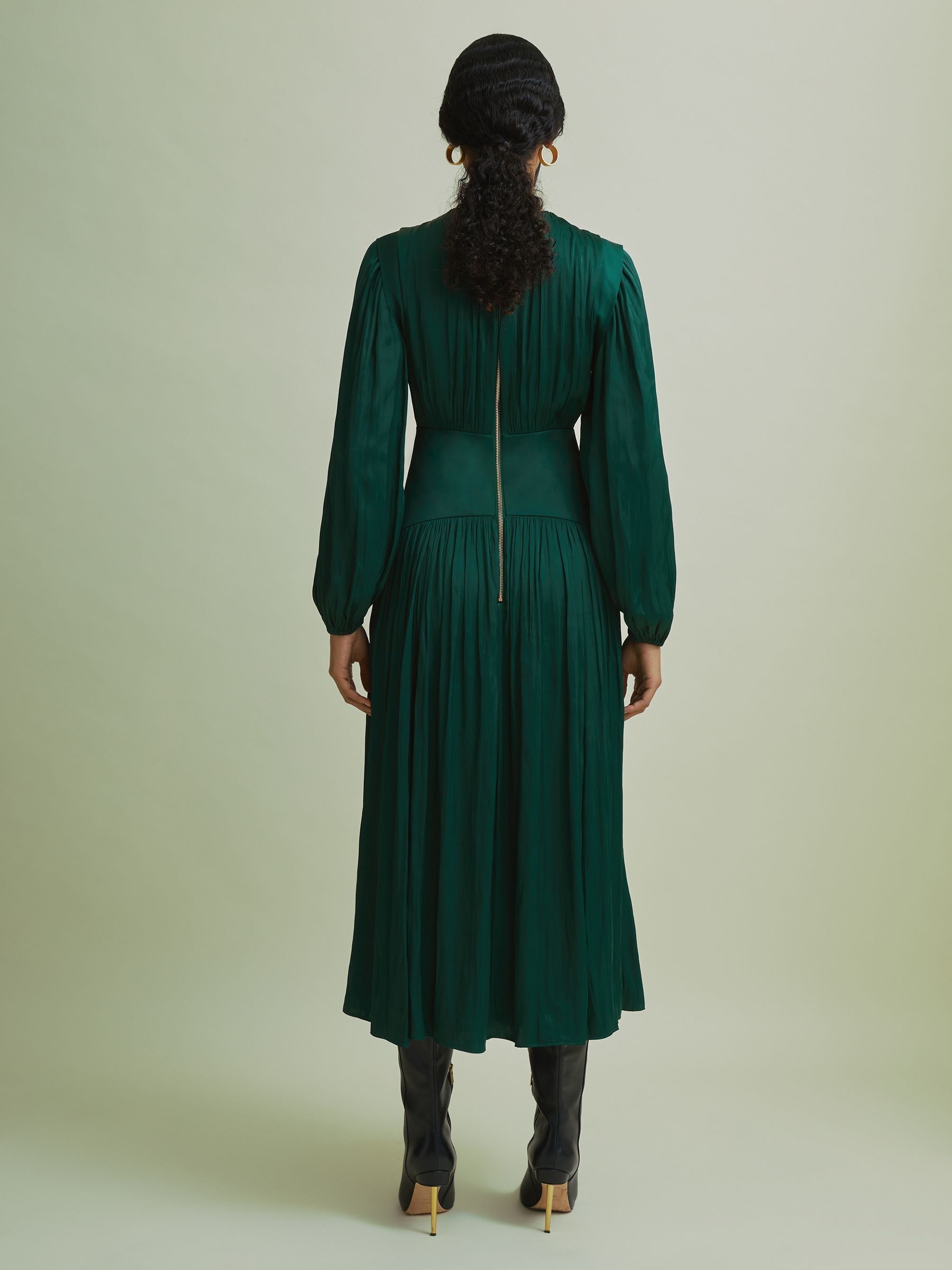 Florere Blouson Sleeve Midi Dress in Dark Green