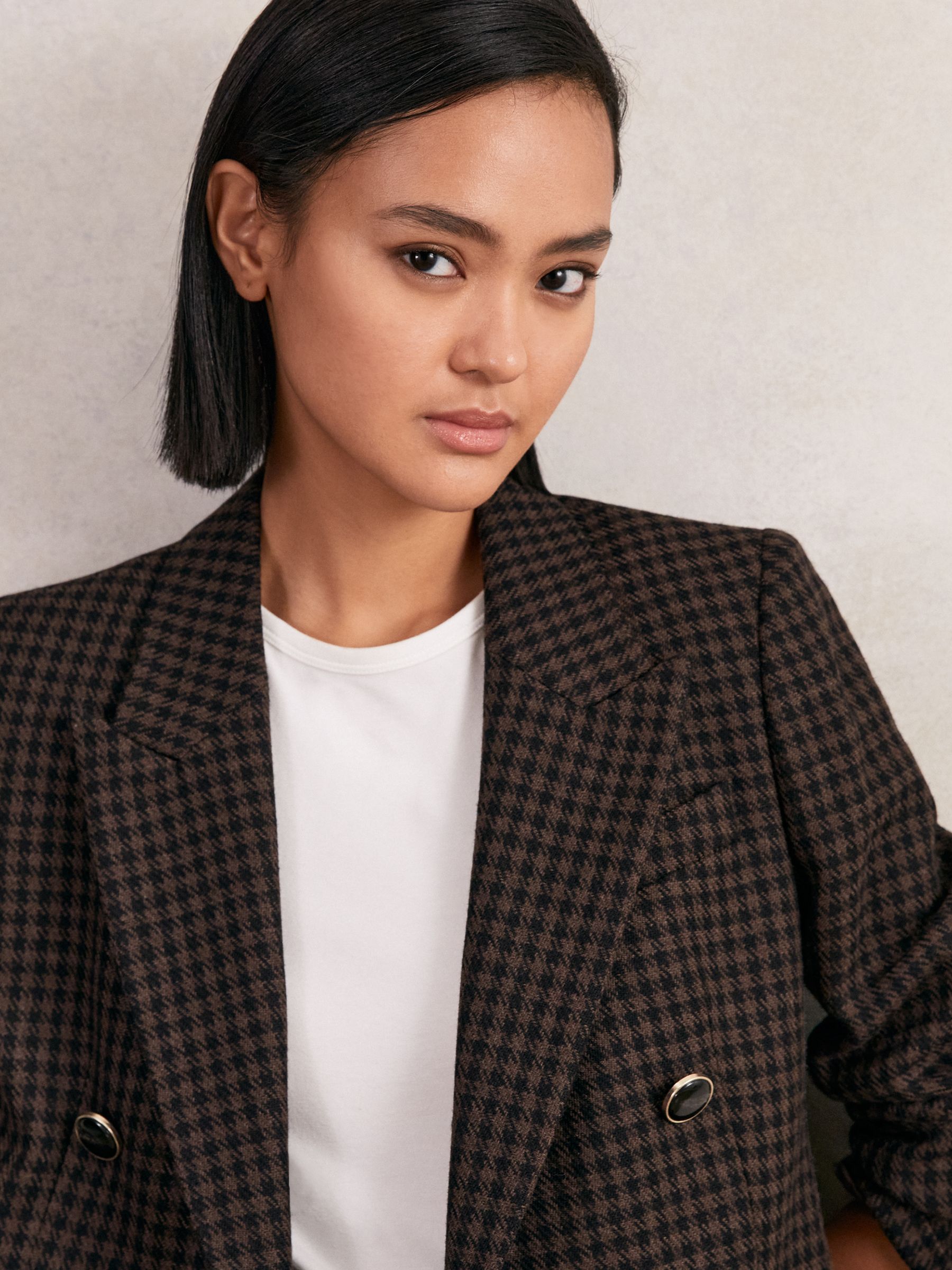 Wool-Blend Double-Breasted Check Blazer in Brown Check