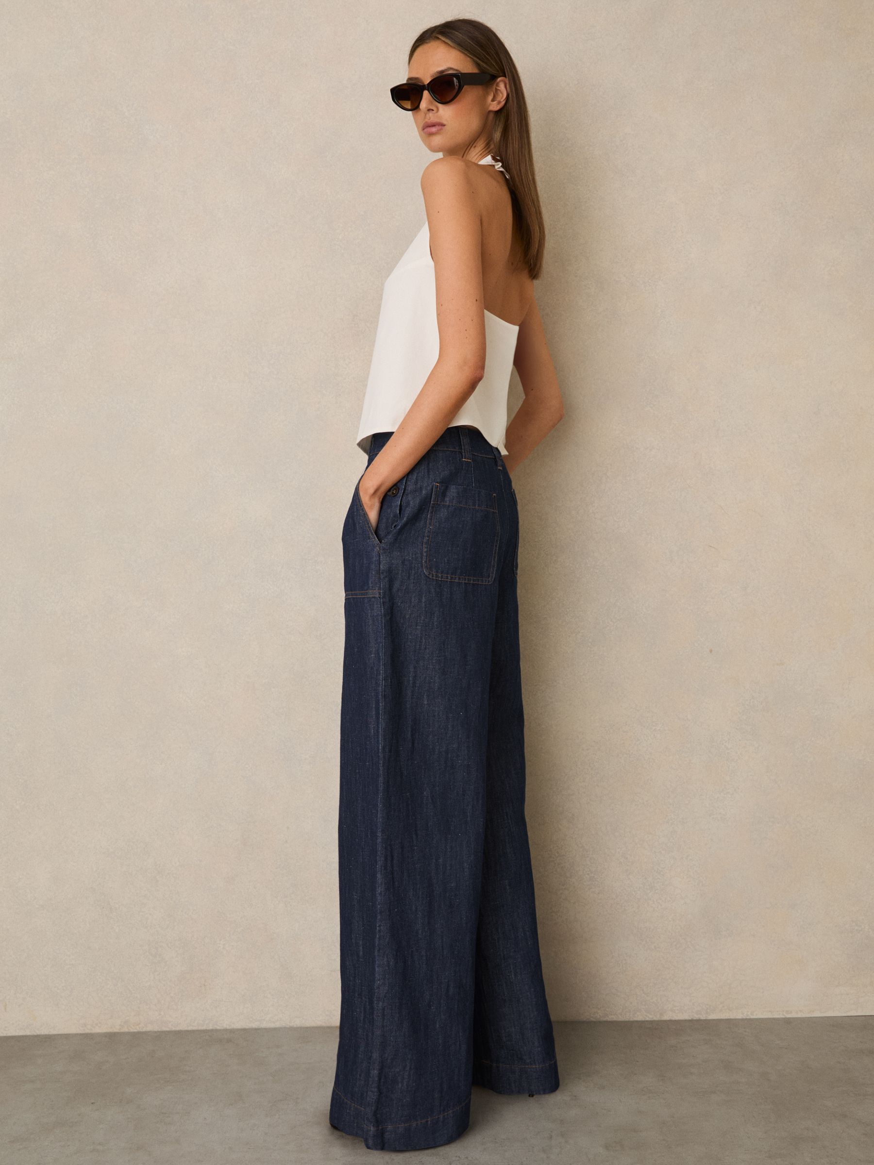 Petite Linen Wide Leg Trousers in Indigo