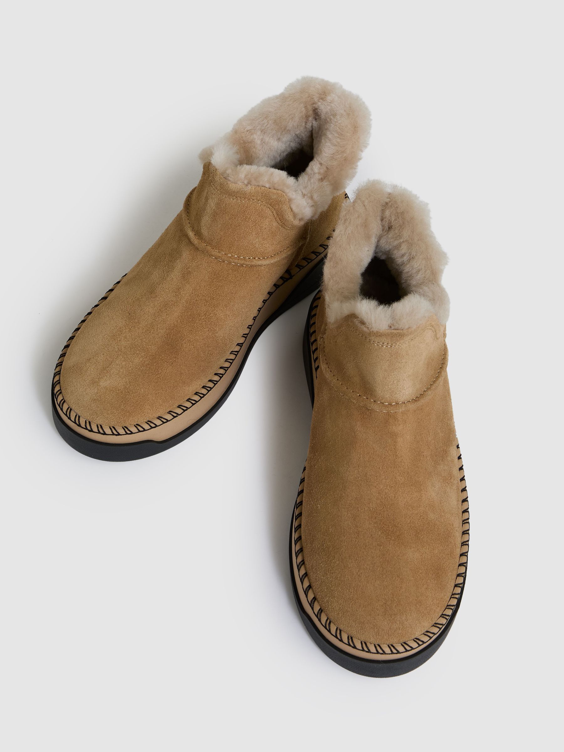 Shearling-Lined Suede Ankle Boots in Tan