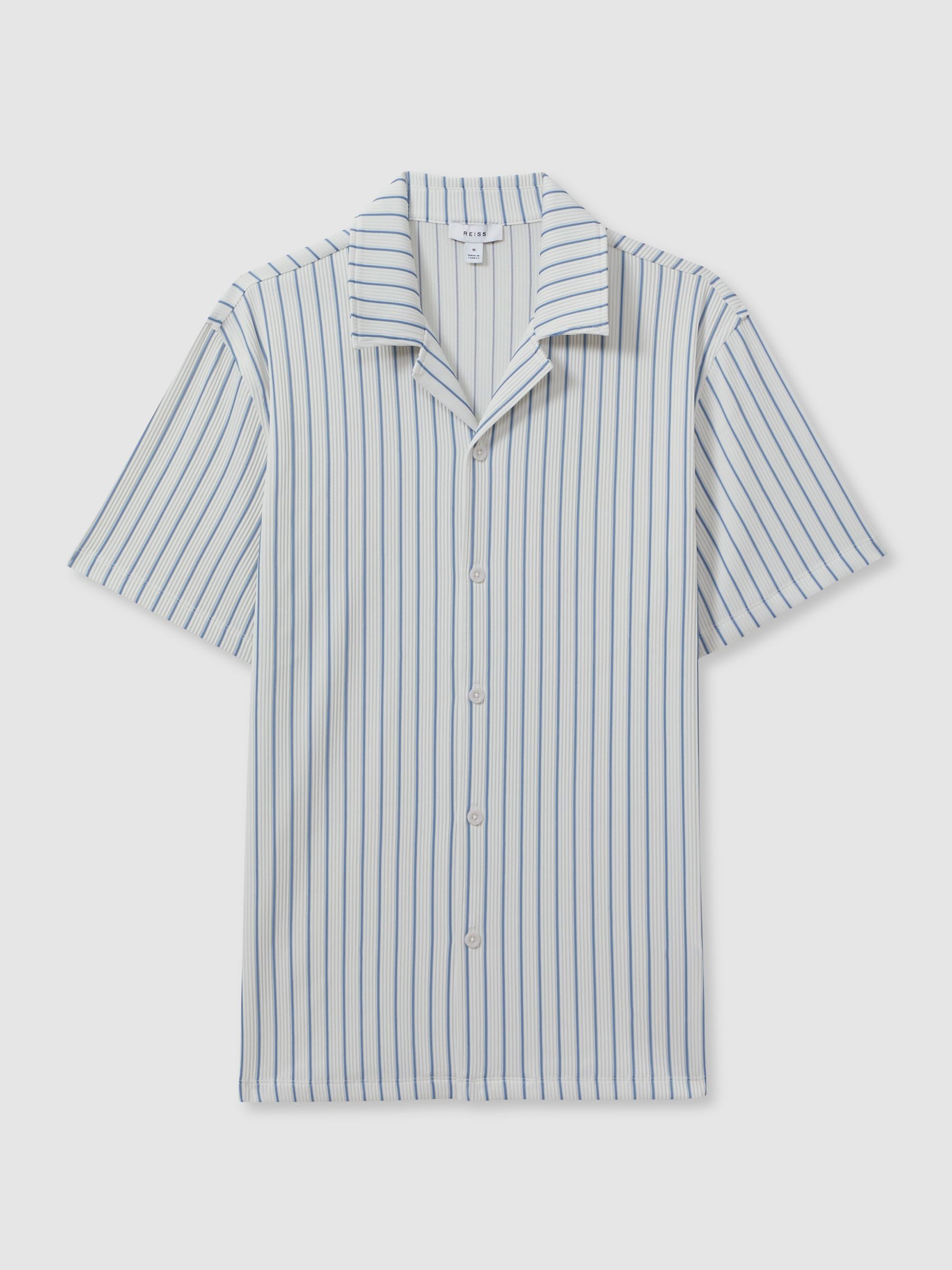 Ribbed Striped Cuban Collar Shirt in White/Soft Blue